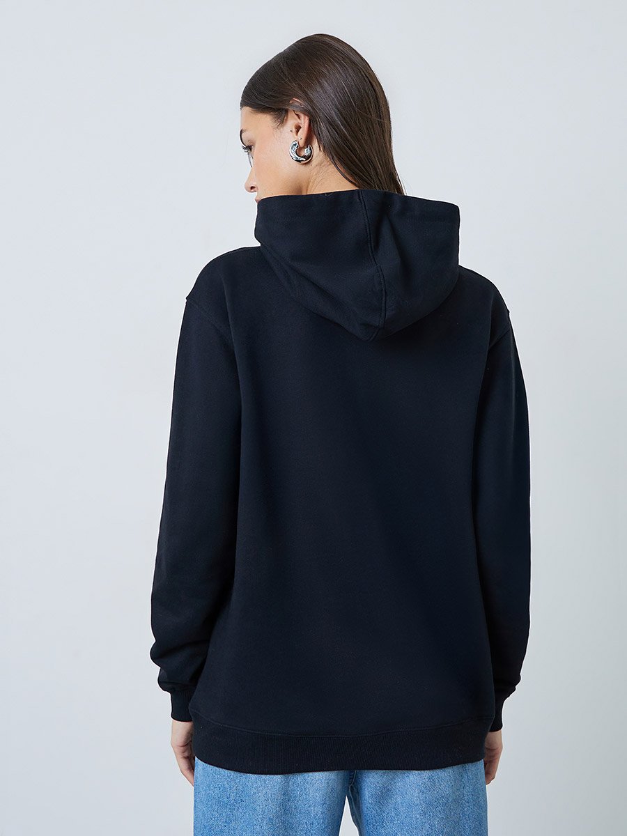 Black Regular Fit Longline Embroidered Slogan Hoodie