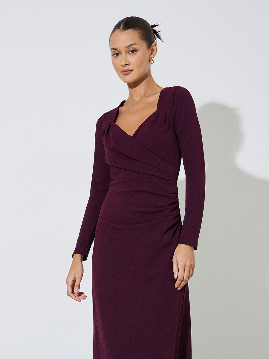 Burgundy Solid Side Slit Gathered Detail Sheath Maxi Dress