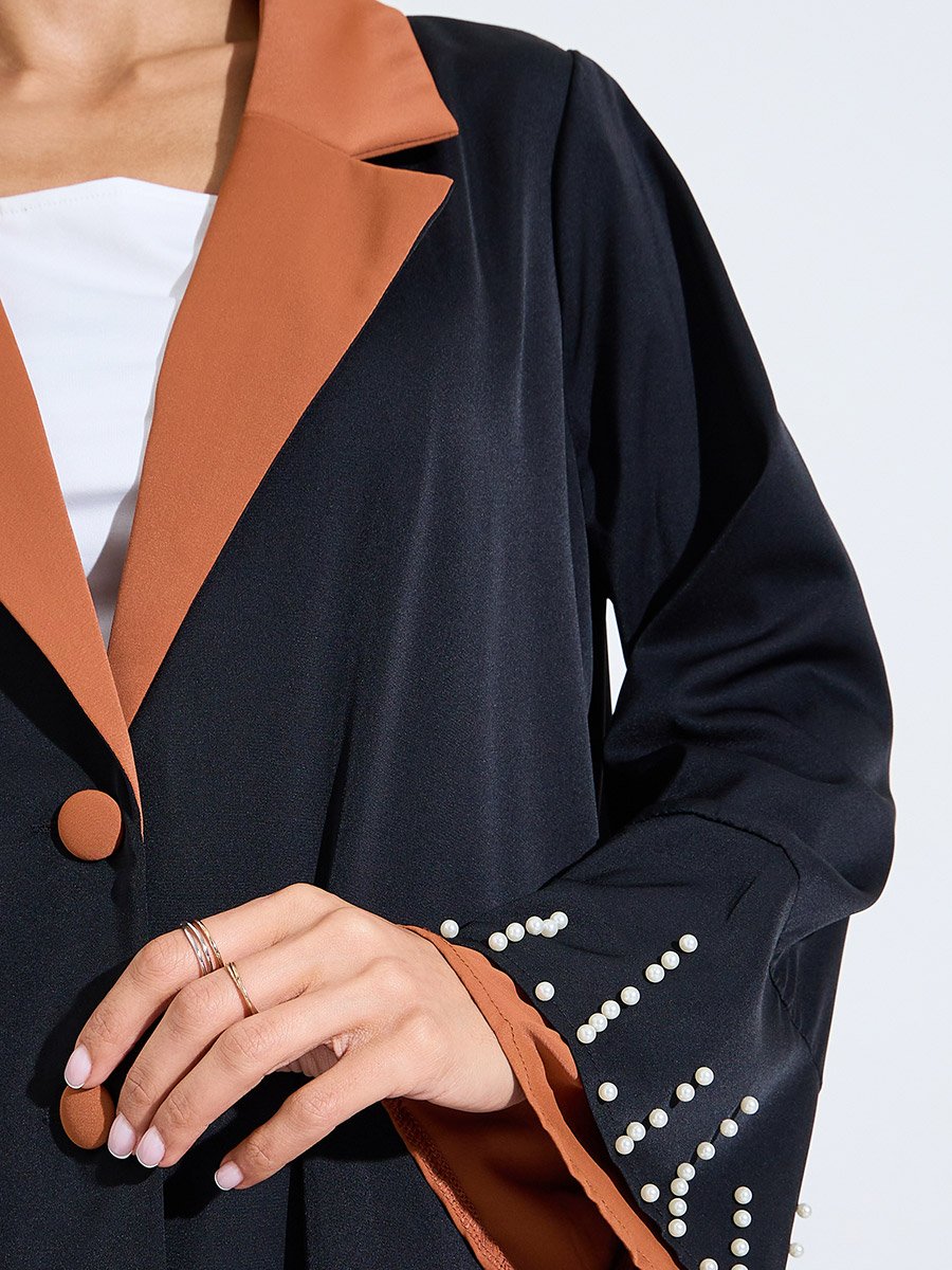 Black Contrast Collar Embellished Sleeves Abaya
