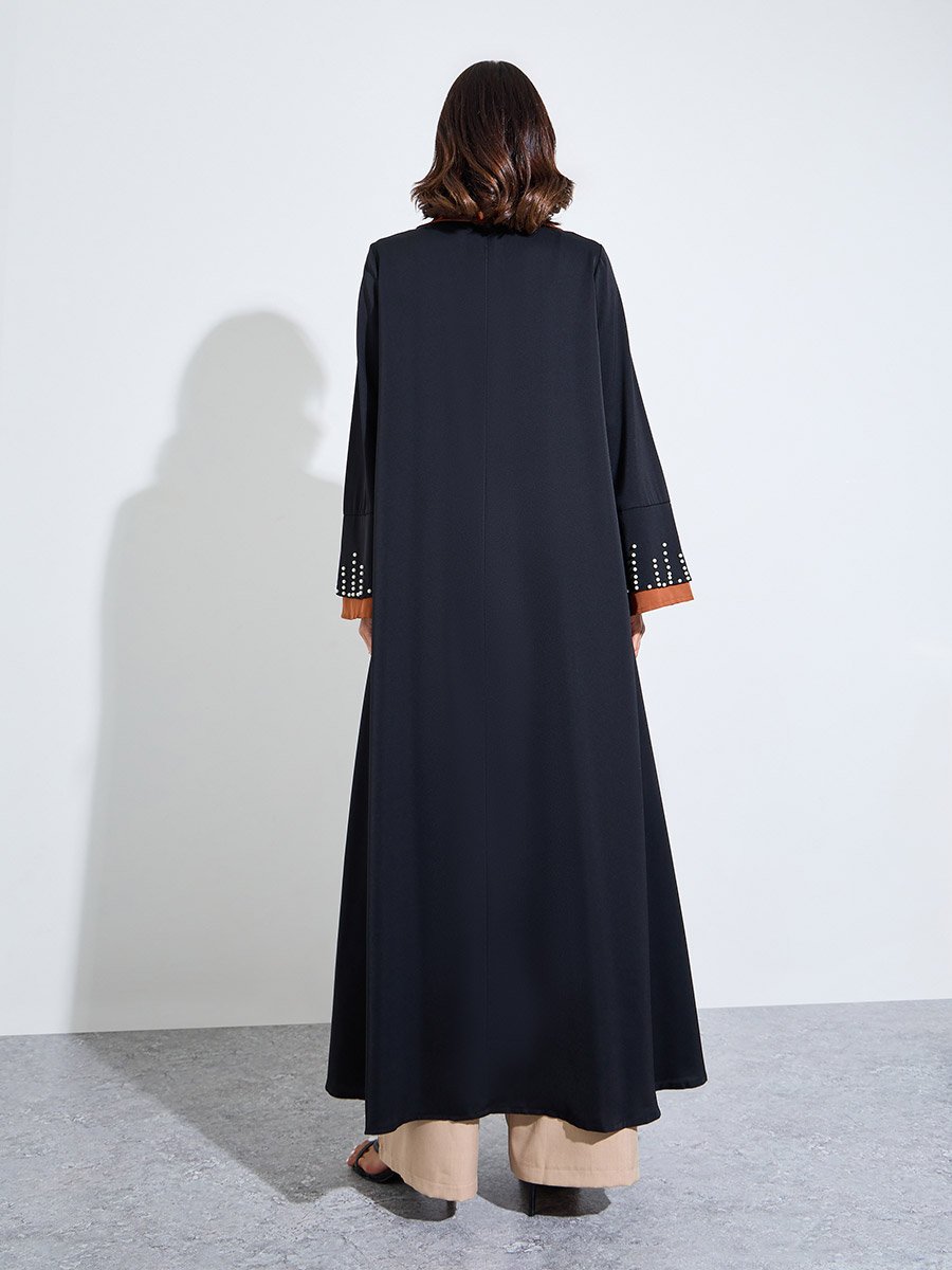Black Contrast Collar Embellished Sleeves Abaya