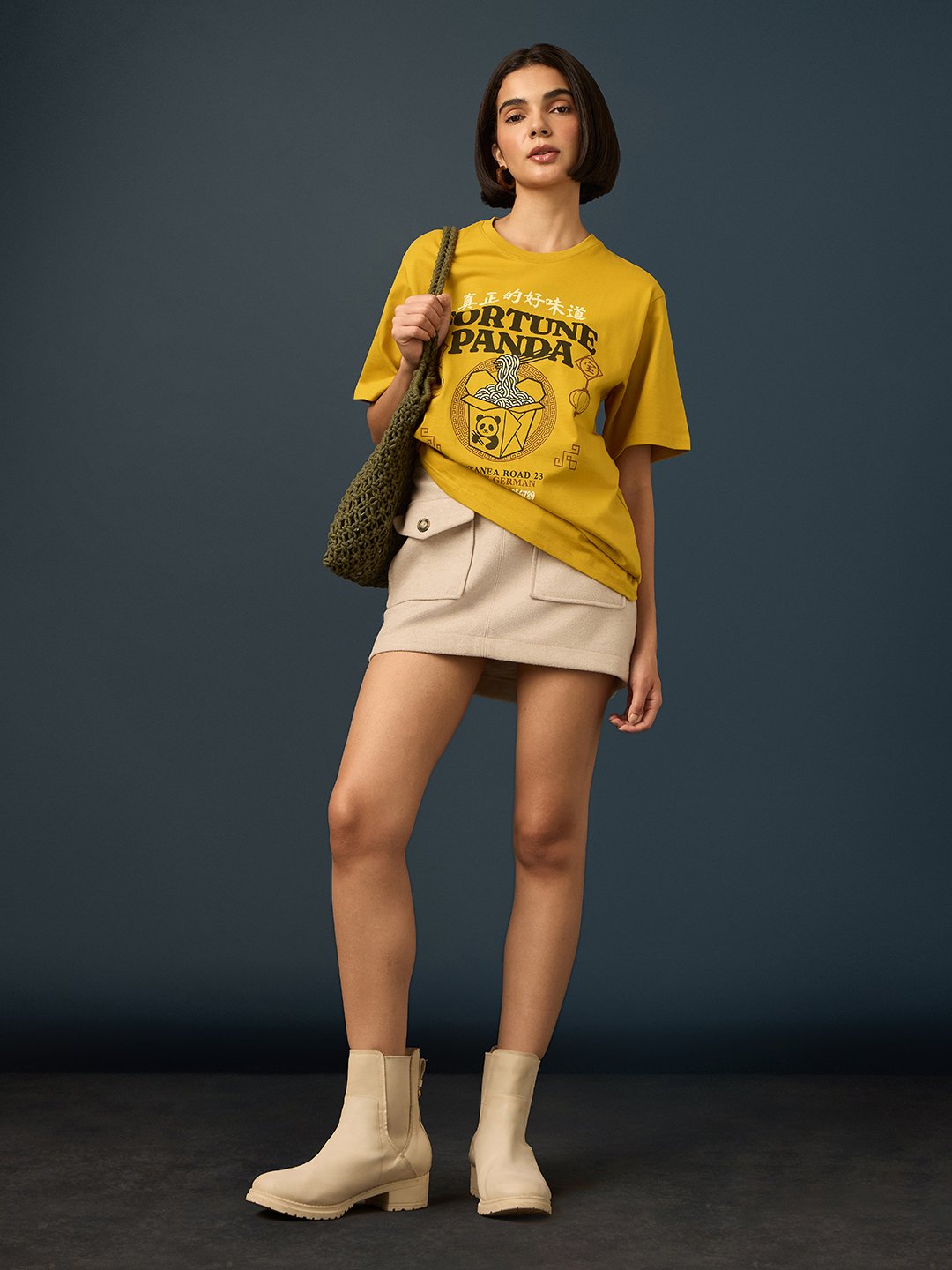 Mustard Short Sleeve Printed Oversized T-Shirt