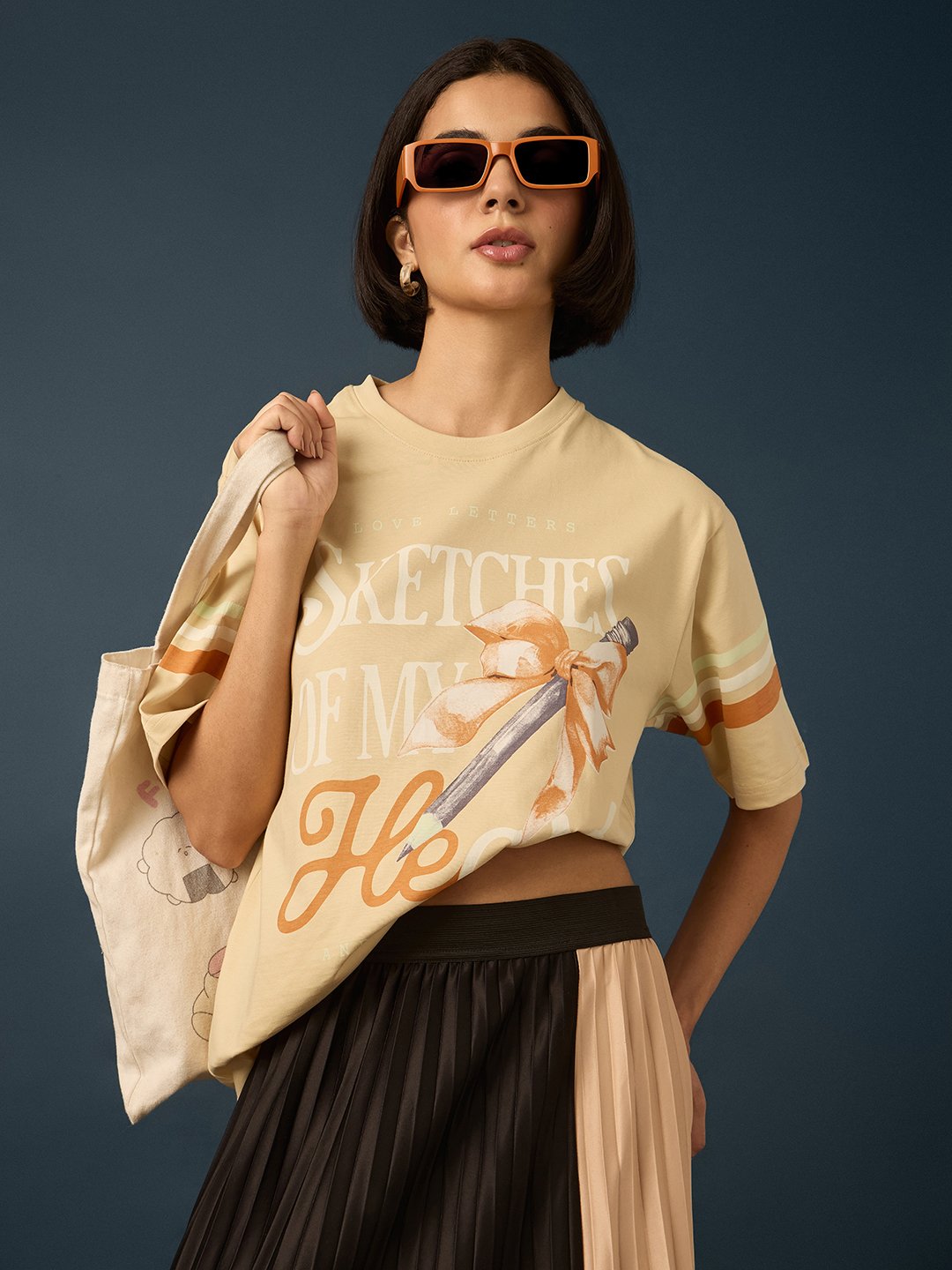 Beige Short Sleeve Printed Oversized T-Shirt