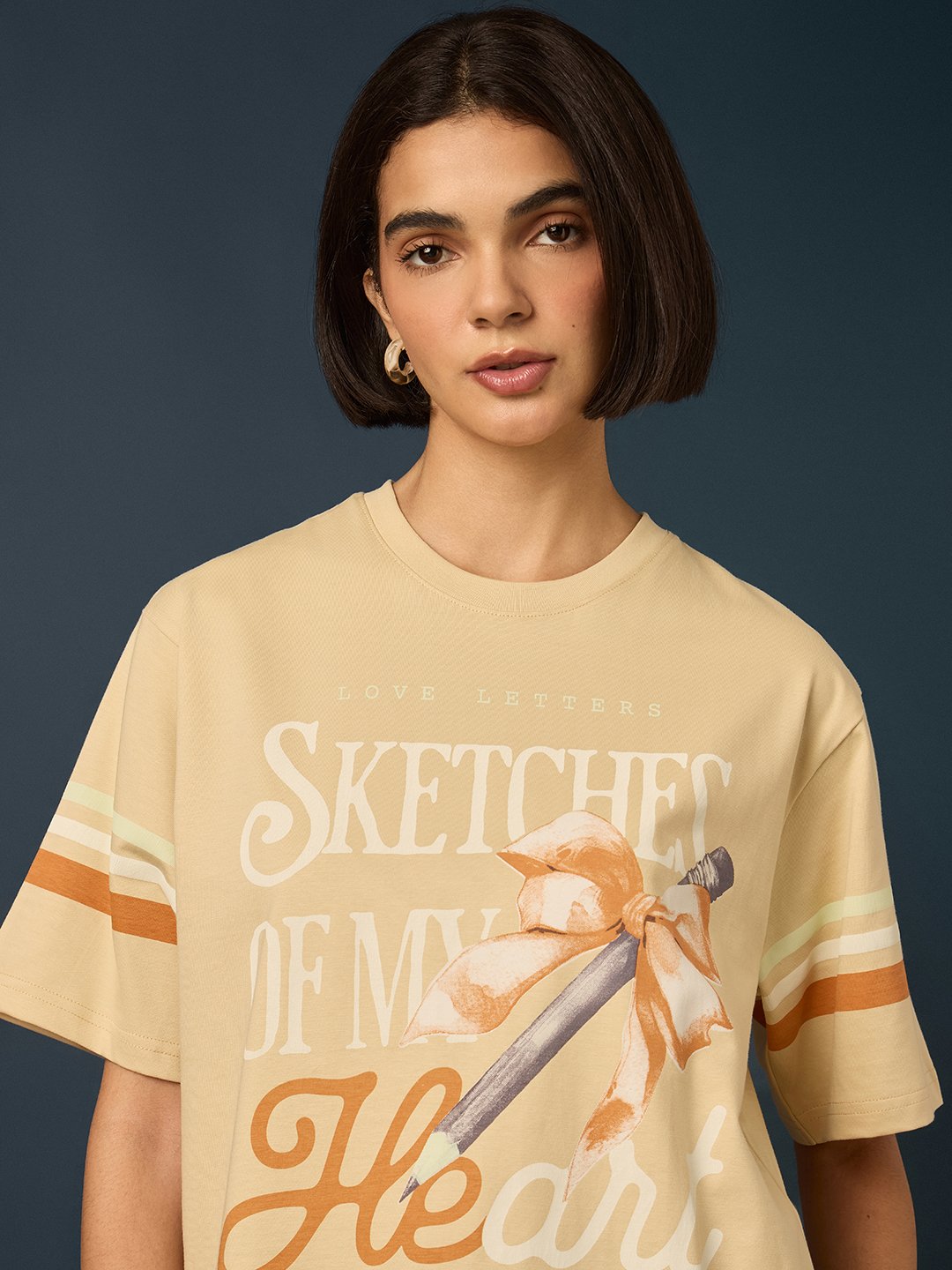 Beige Short Sleeve Printed Oversized T-Shirt