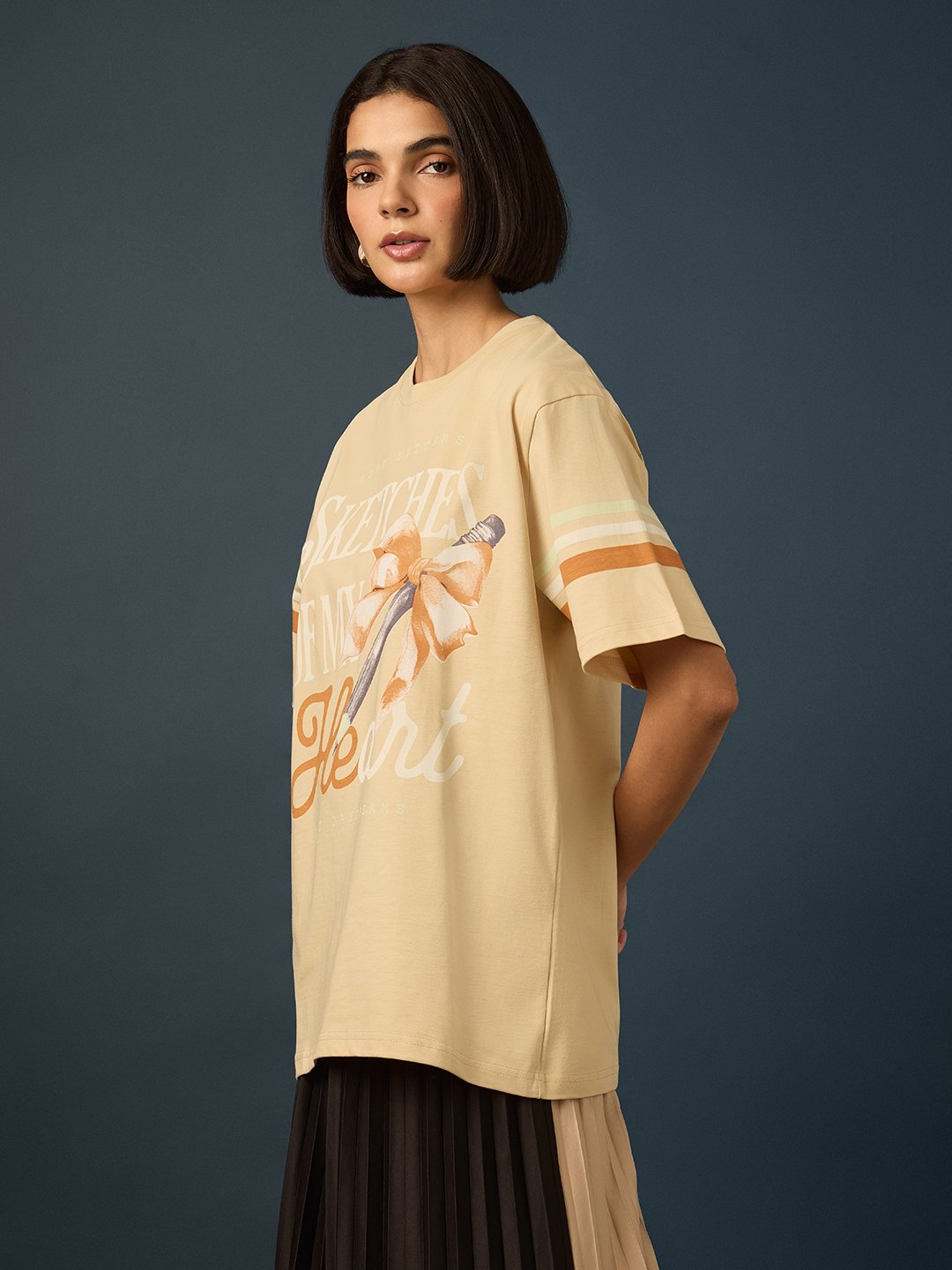 Beige Short Sleeve Printed Oversized T-Shirt