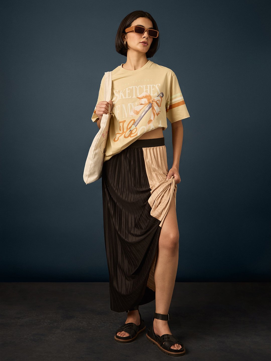 Beige Short Sleeve Printed Oversized T-Shirt