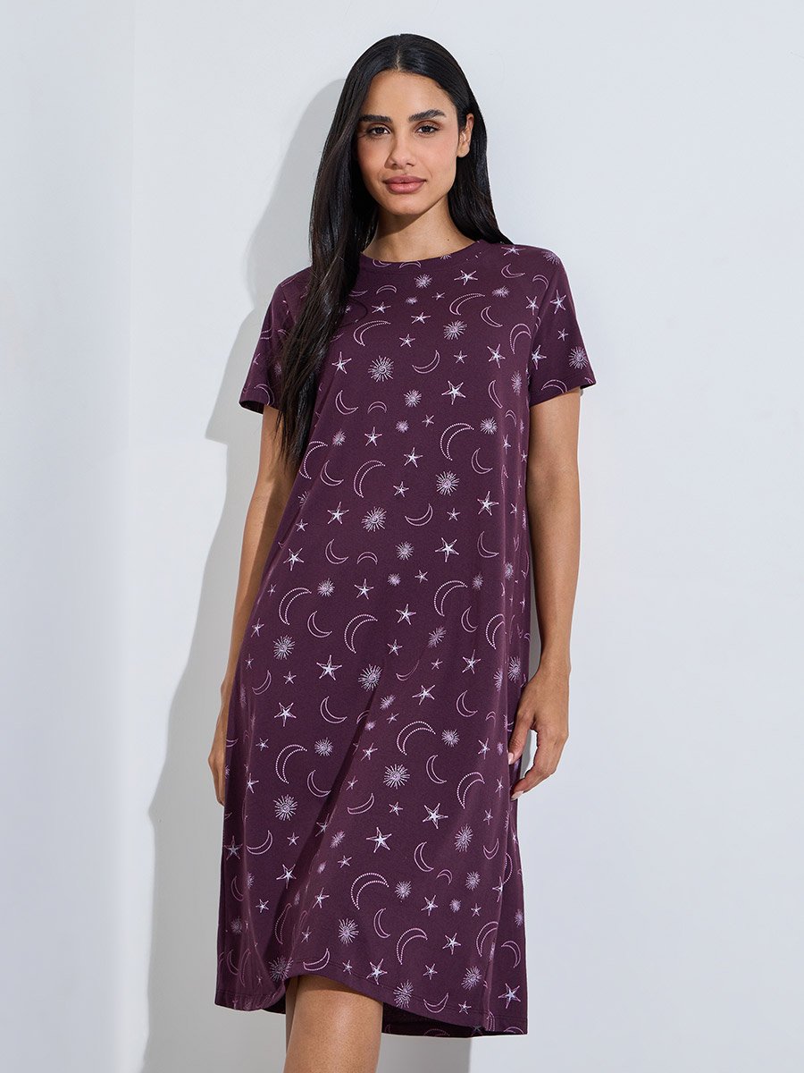 Pack of 2 - Multi-Color Star and Moon Print Short Sleeves Midi Nightdress 