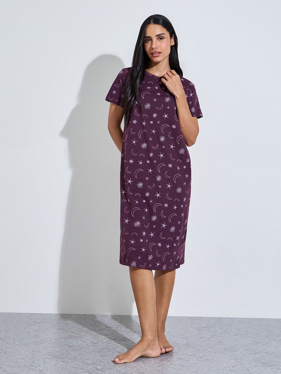 Pack of 2 - Multi-Color Star and Moon Print Short Sleeves Midi Nightdress 