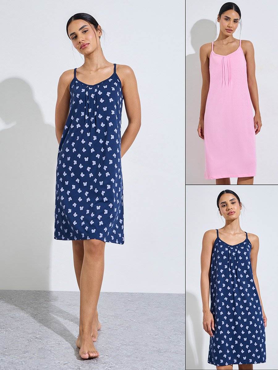 Pack of 2 - Butterfly Heart Print and Solid Pintuck Detail Slip Dress