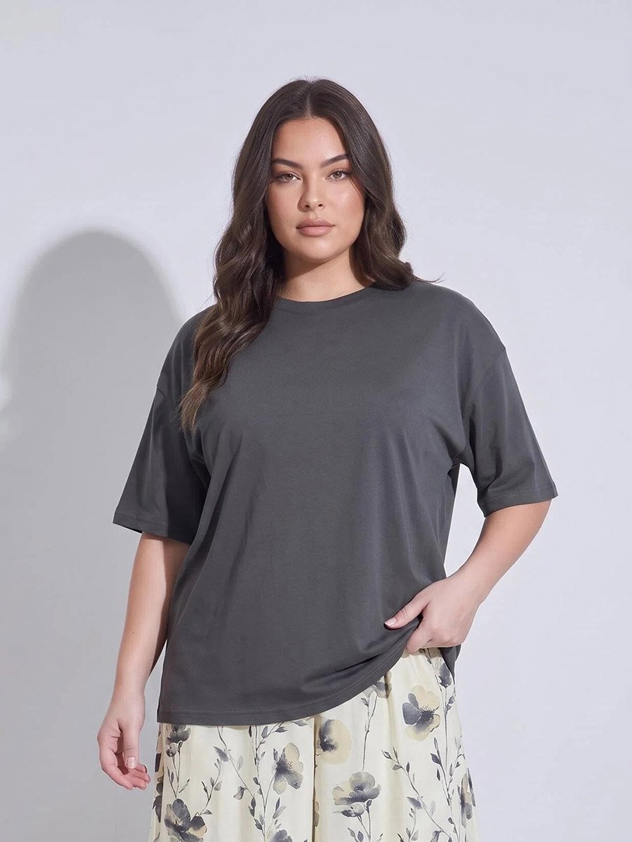 Plus Size Multi-Color Solid Oversized T-Shirt and Floral Wide Leg Pants Pyjama Set