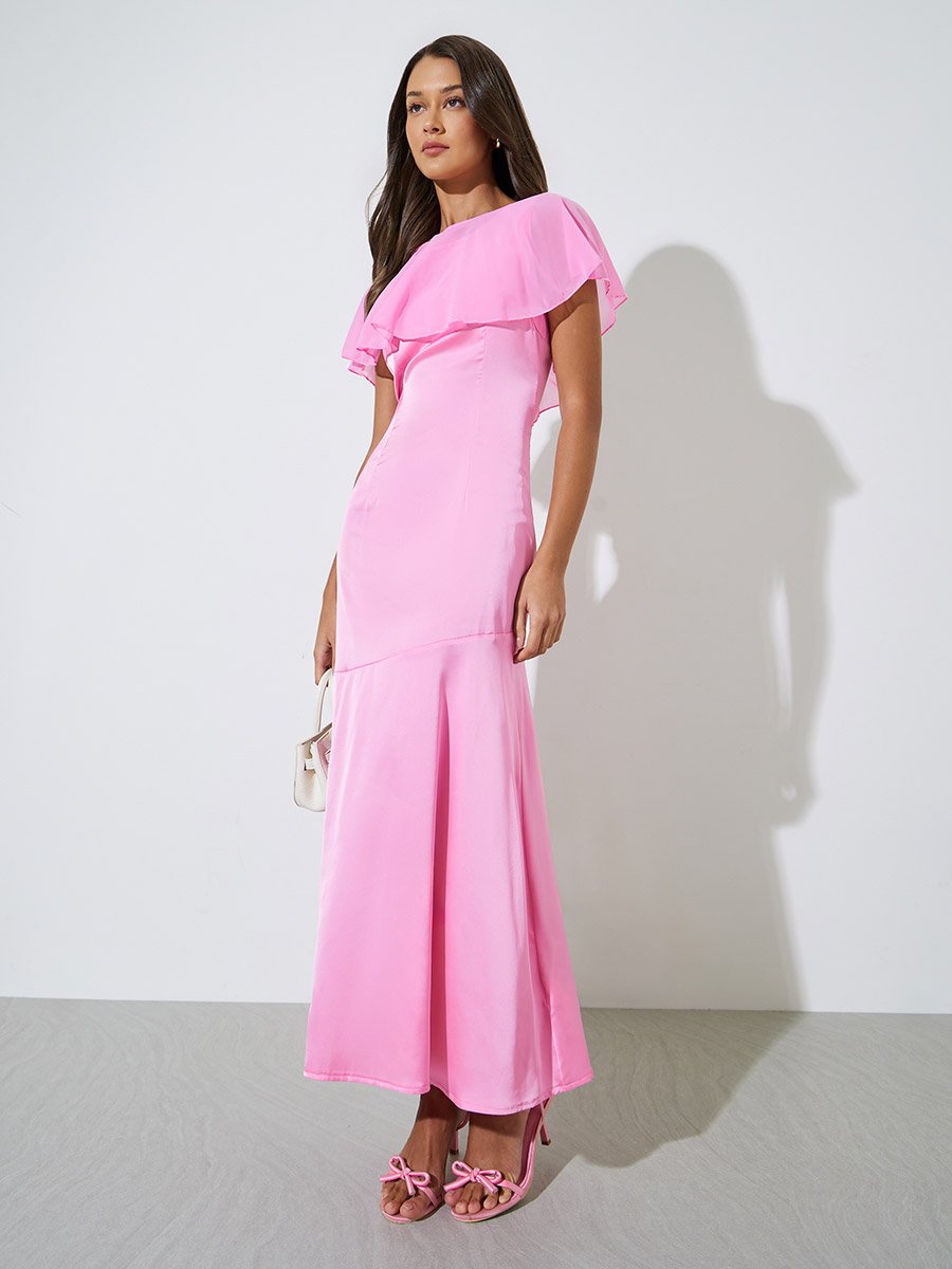 Pink Solid Sleeveless A-Line Maxi Dress with Removable Cape