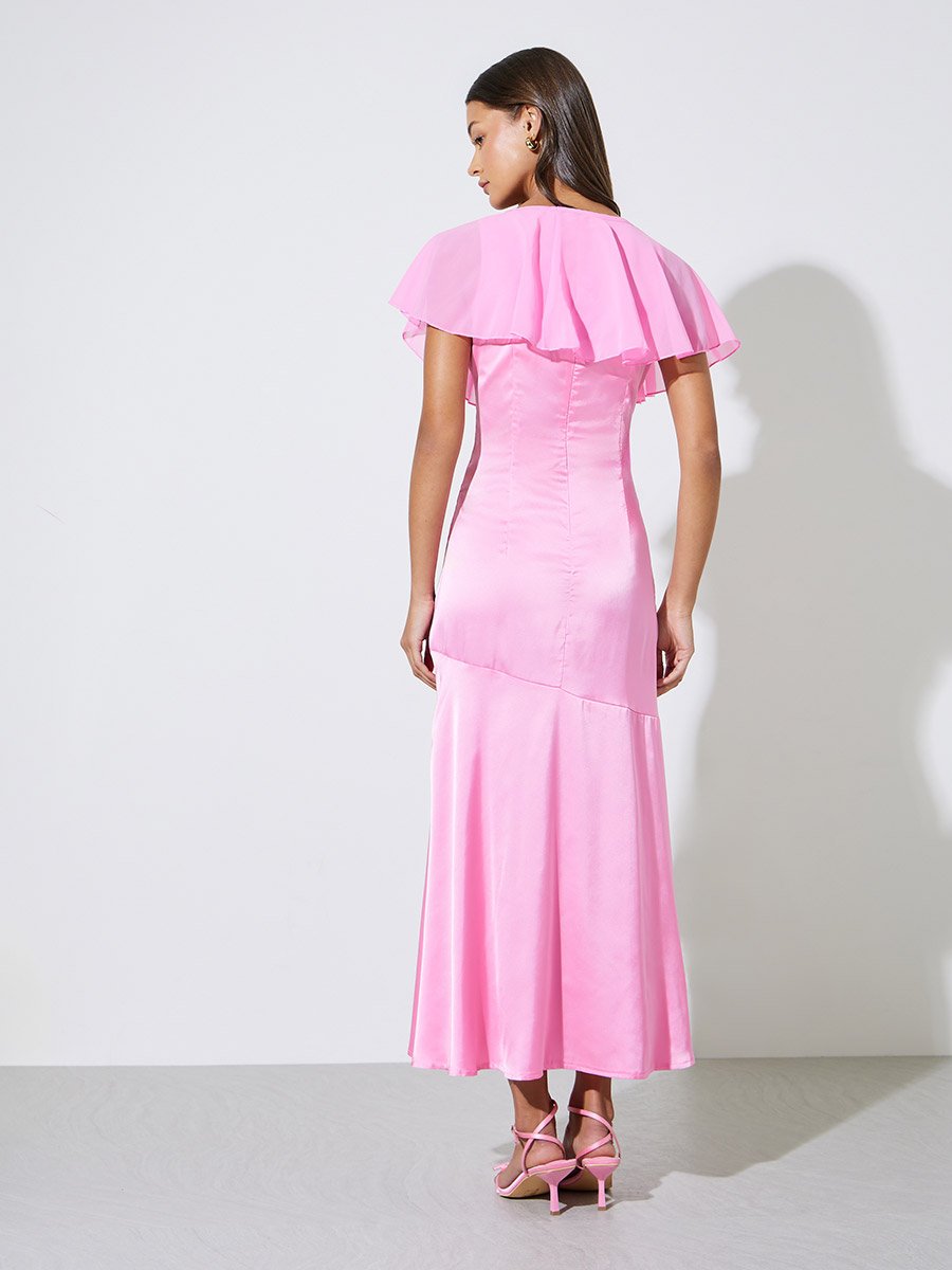 Pink Solid Sleeveless A-Line Maxi Dress with Removable Cape