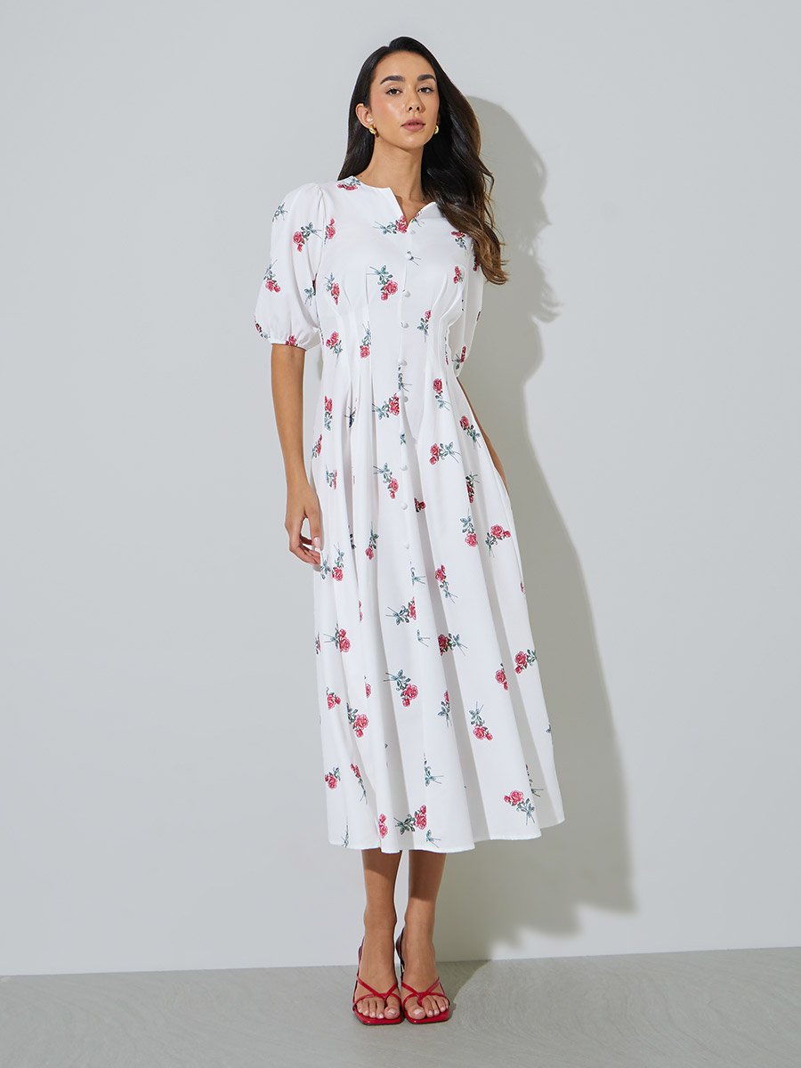 White Notch Neck Maxi Dress with Fold Pleat