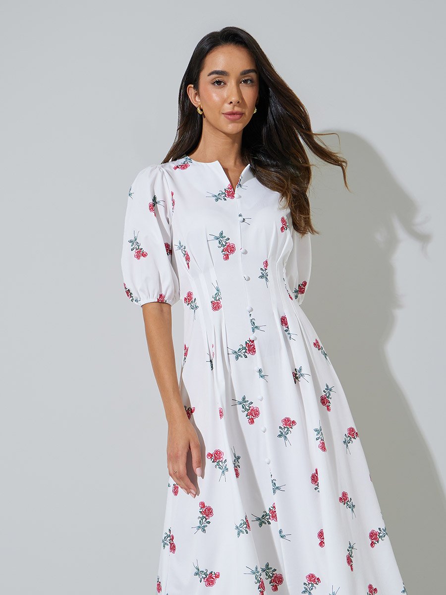 White Notch Neck Maxi Dress with Fold Pleat