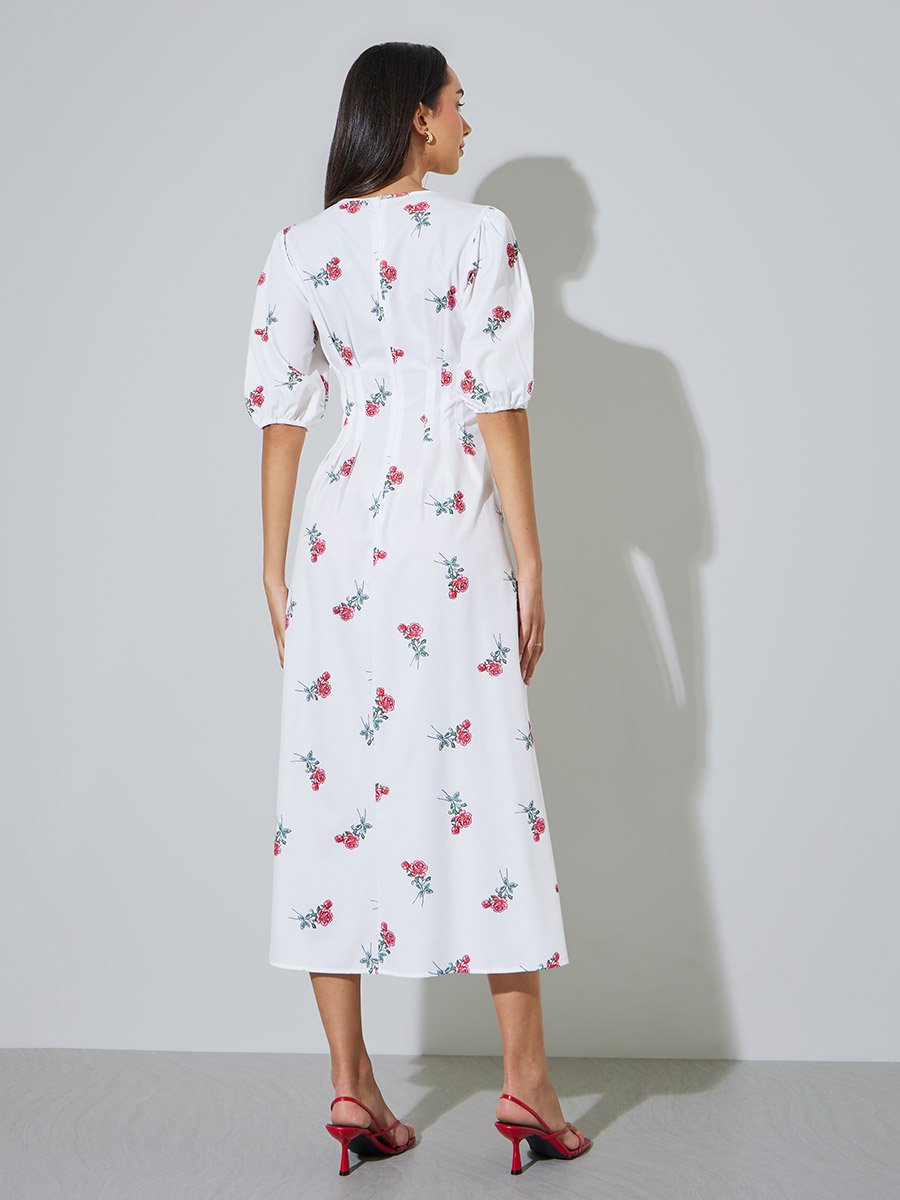 White Notch Neck Maxi Dress with Fold Pleat