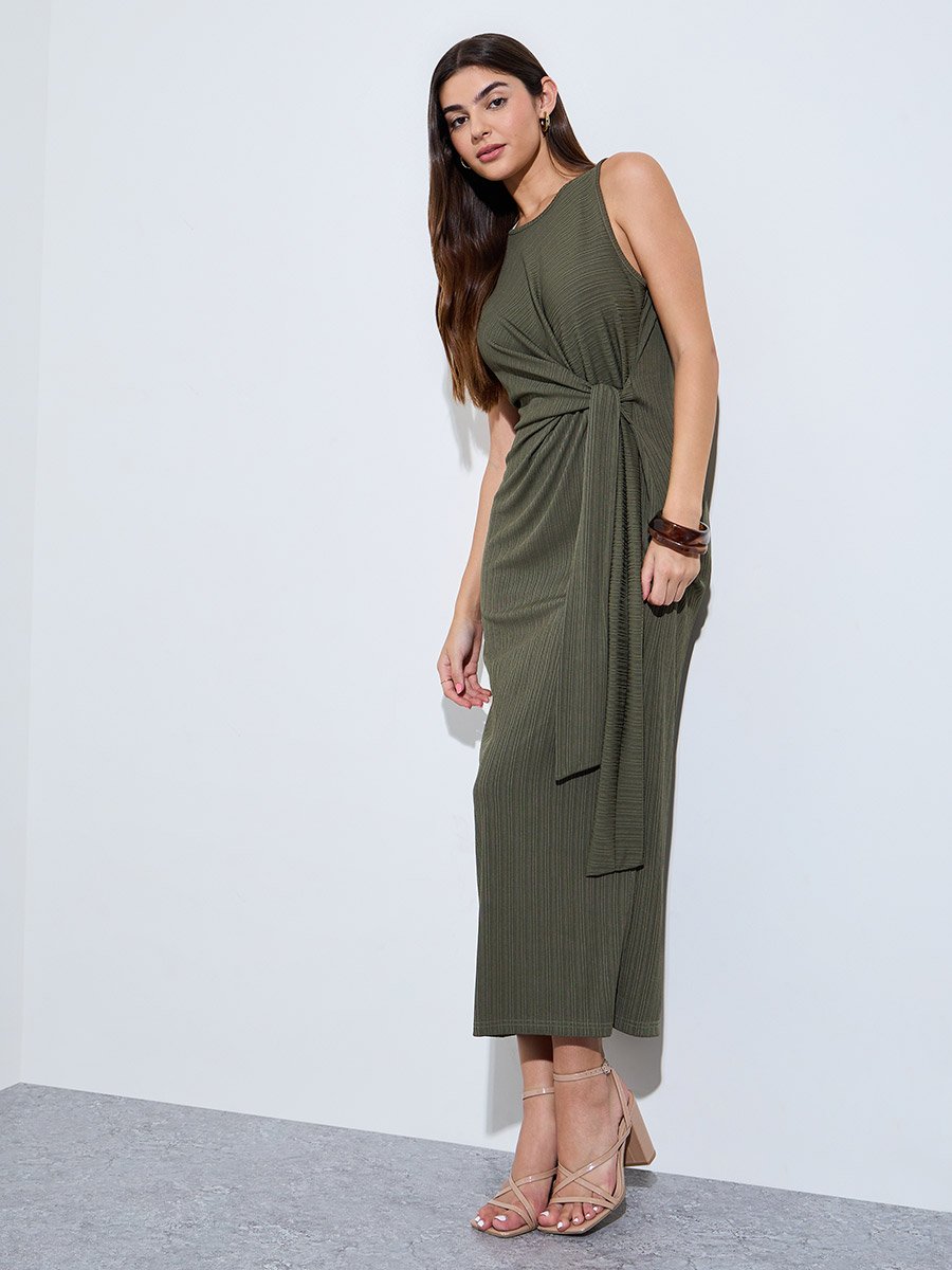 Green Sleeveless Side Waist Tie Maxi Dress