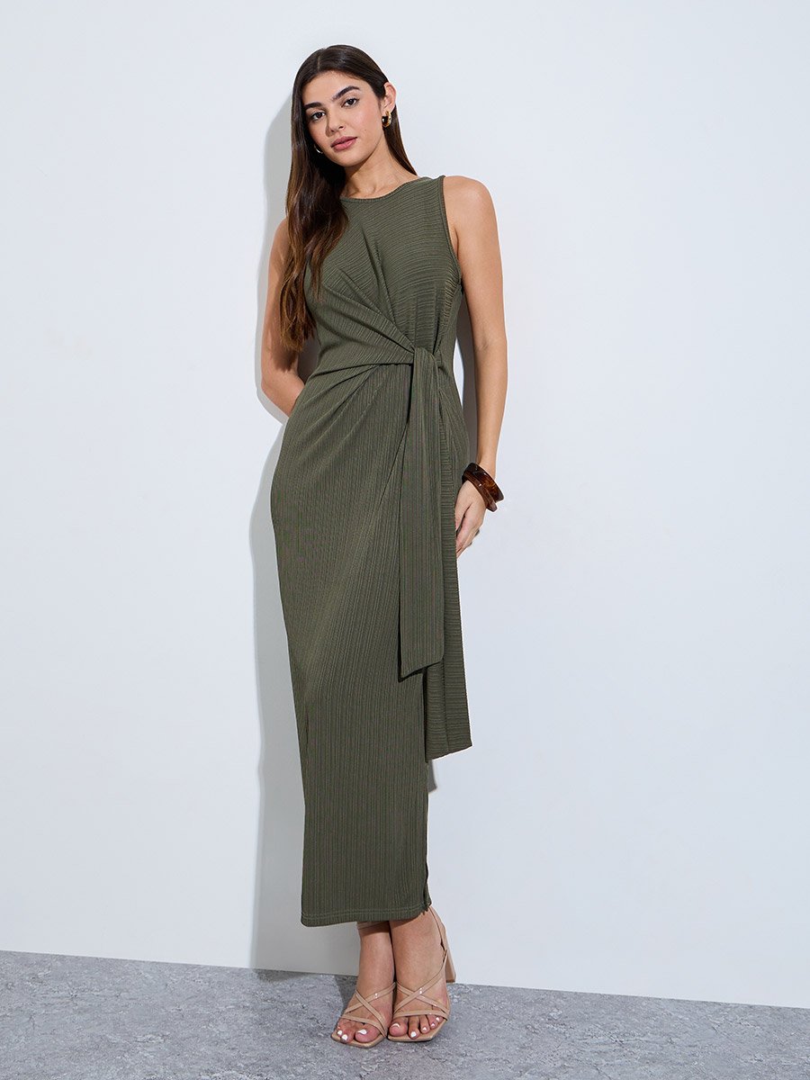 Green Sleeveless Side Waist Tie Maxi Dress