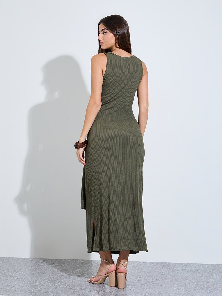 Green Sleeveless Side Waist Tie Maxi Dress