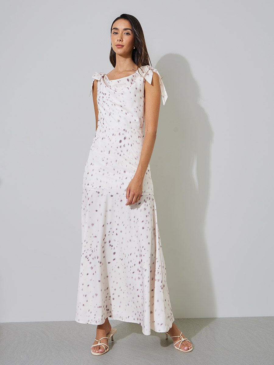 Off White Spot Print Tie-Strap Maxi Dress