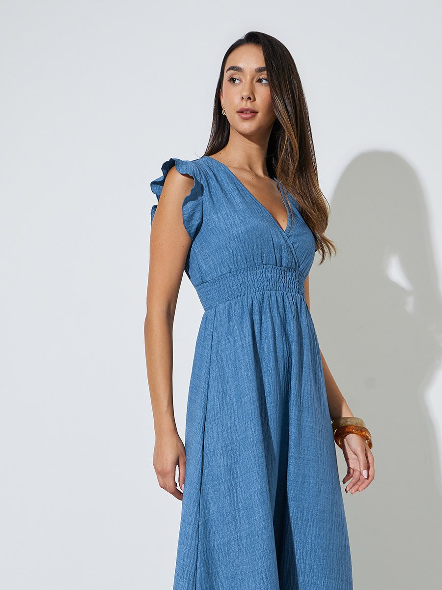 Blue V Neck Gathered Waist Casual Maxi Dress