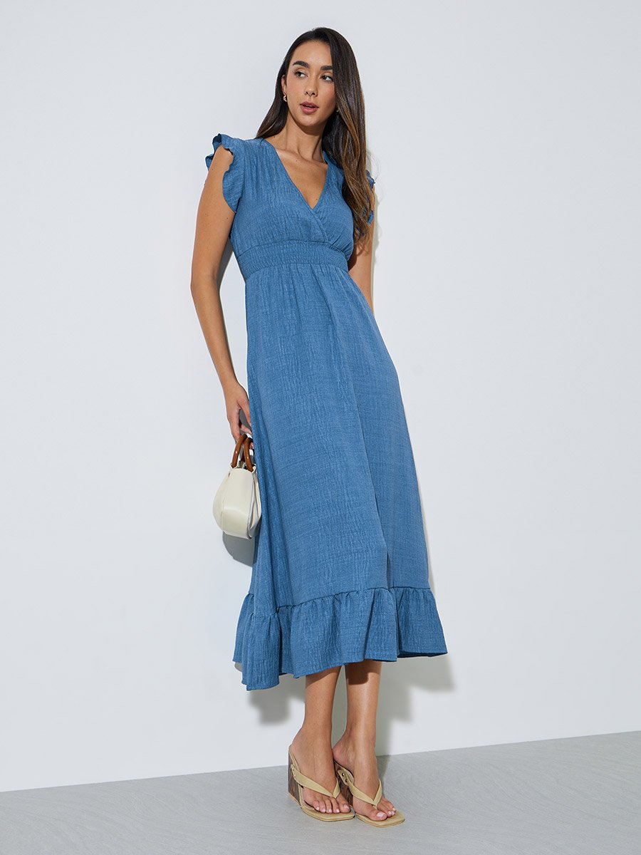 Blue V Neck Gathered Waist Casual Maxi Dress