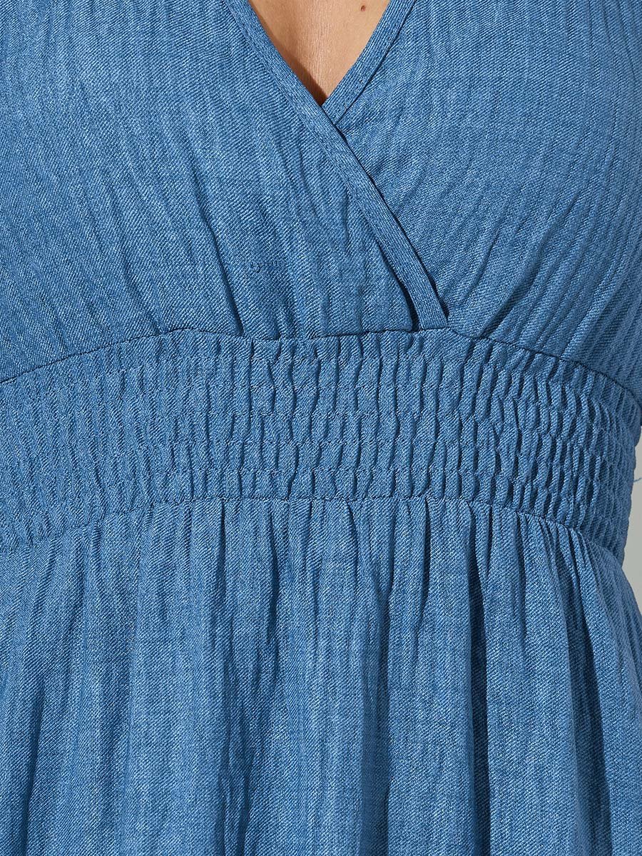 Blue V Neck Gathered Waist Casual Maxi Dress