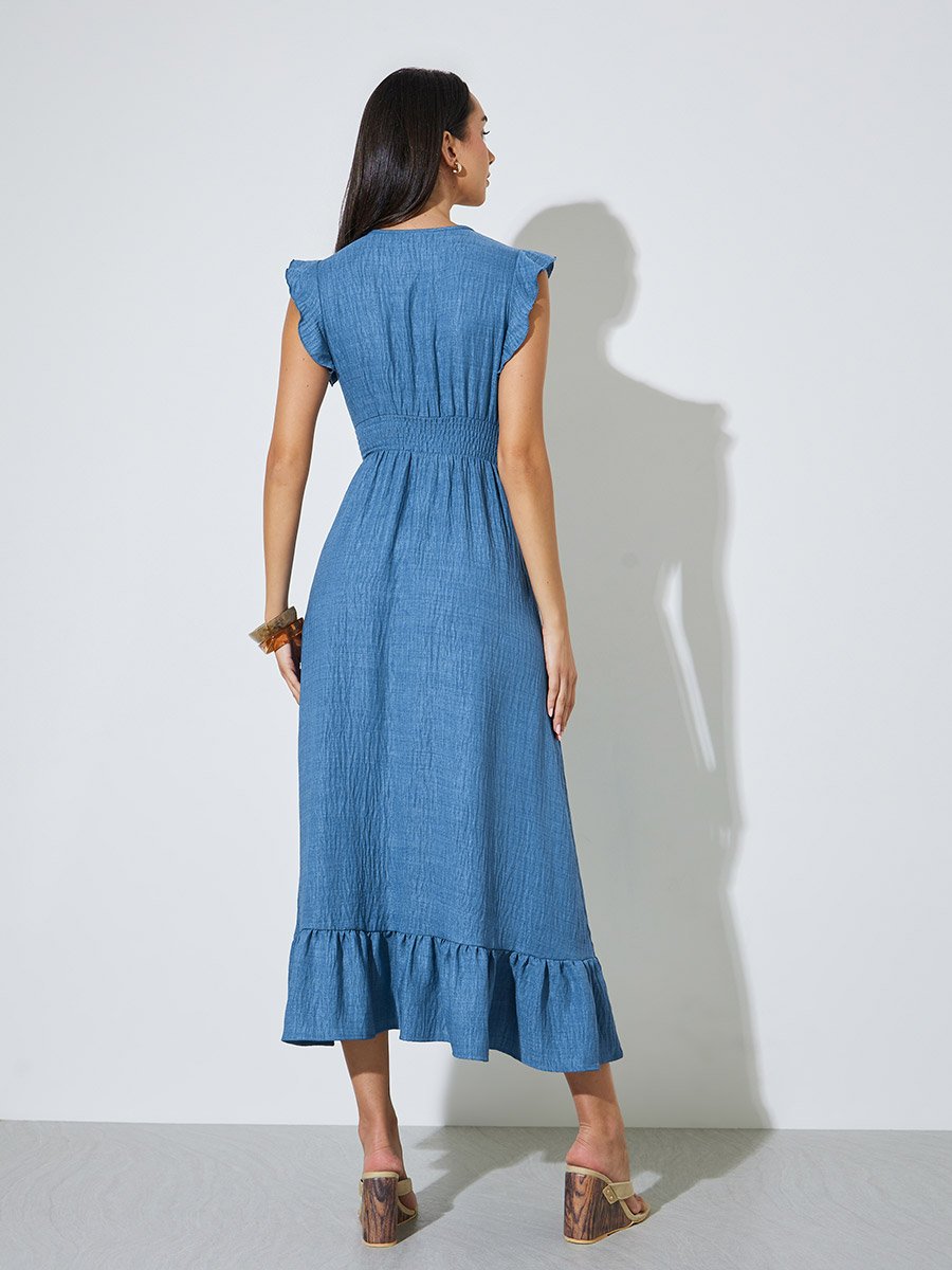 Blue V Neck Gathered Waist Casual Maxi Dress