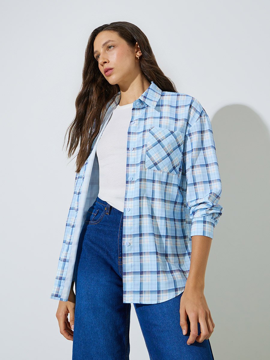 Multi-Color Checked Pocket Detail Long Sleeves Shirt