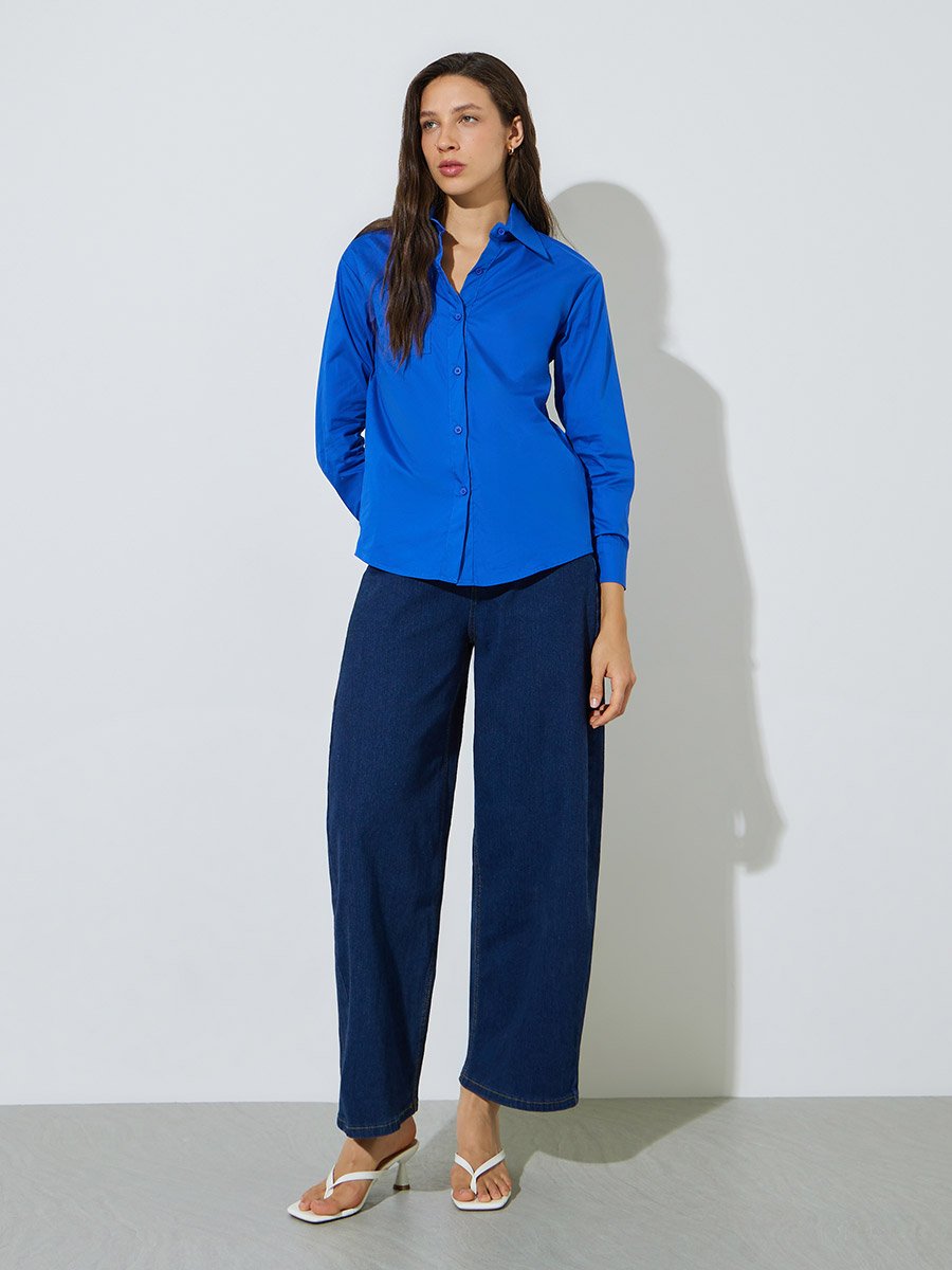Blue Solid Long Sleeve Casual Shirt