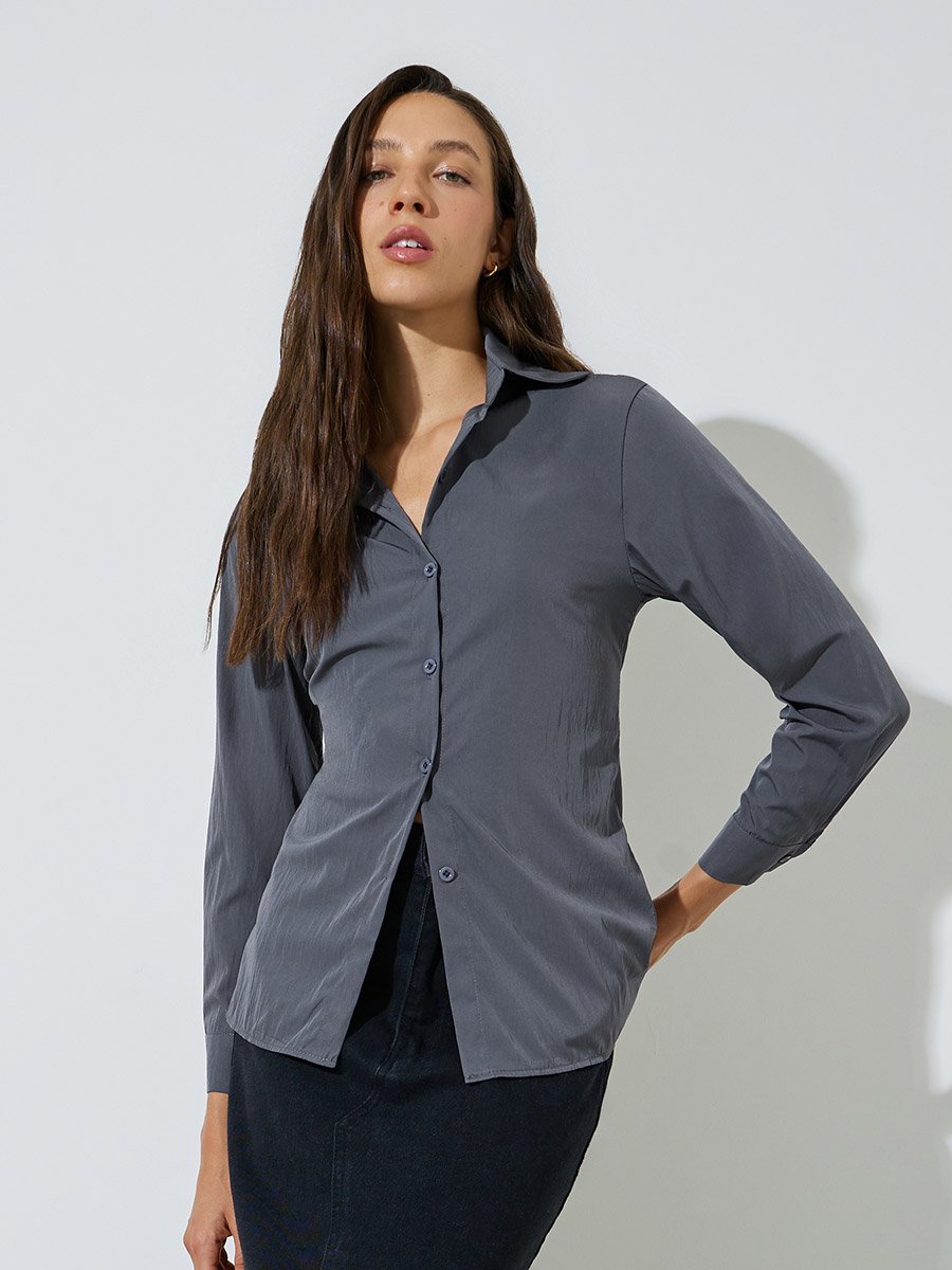 Grey Solid Long Sleeves Shirt