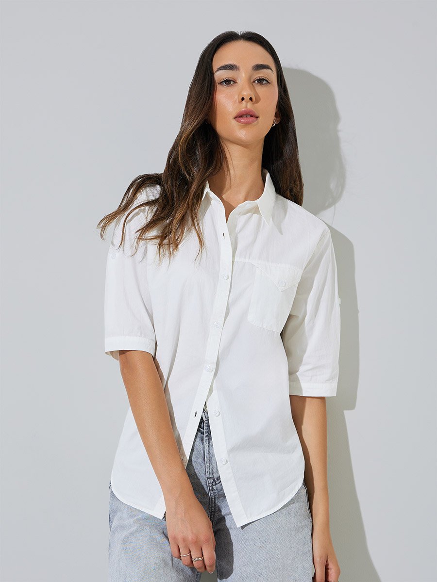 White Solid Short Sleeve Casual Shirt