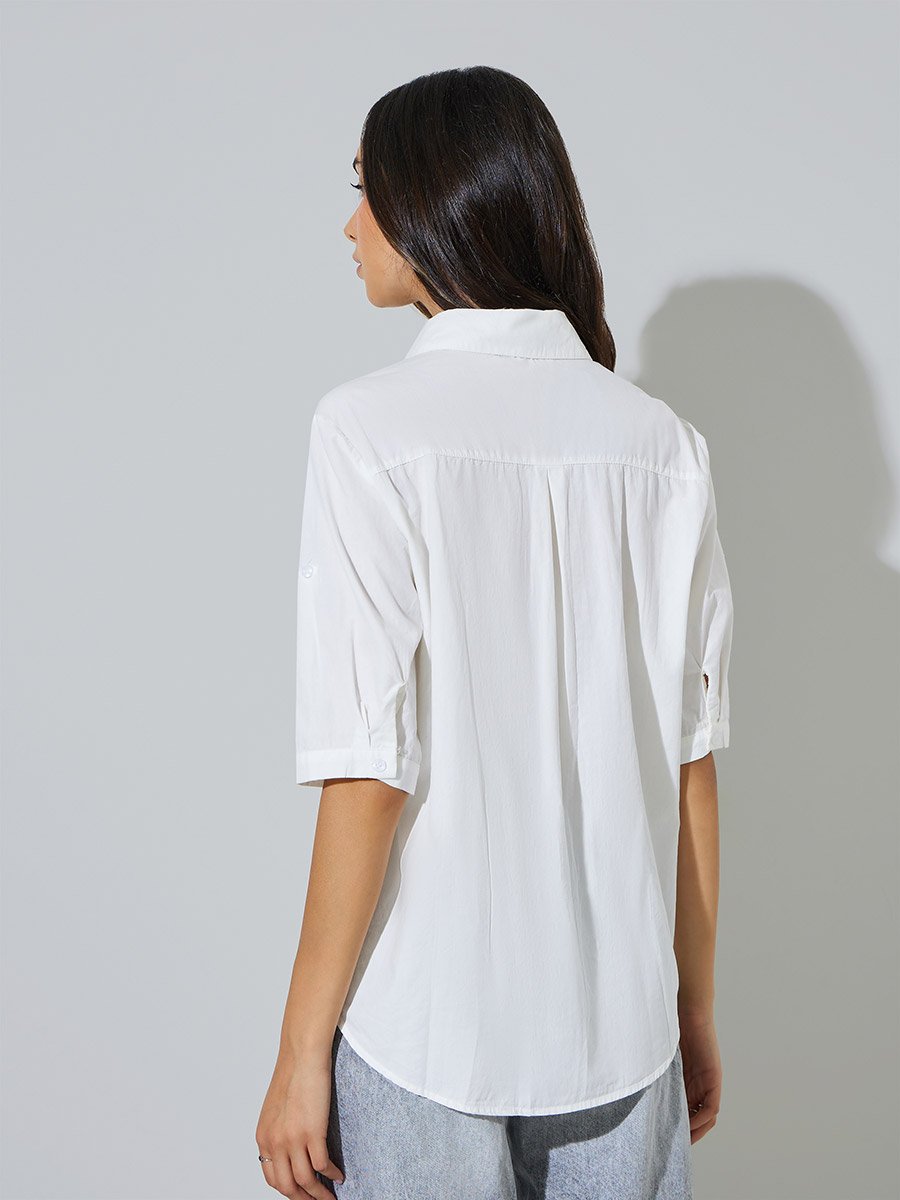 White Solid Short Sleeve Casual Shirt