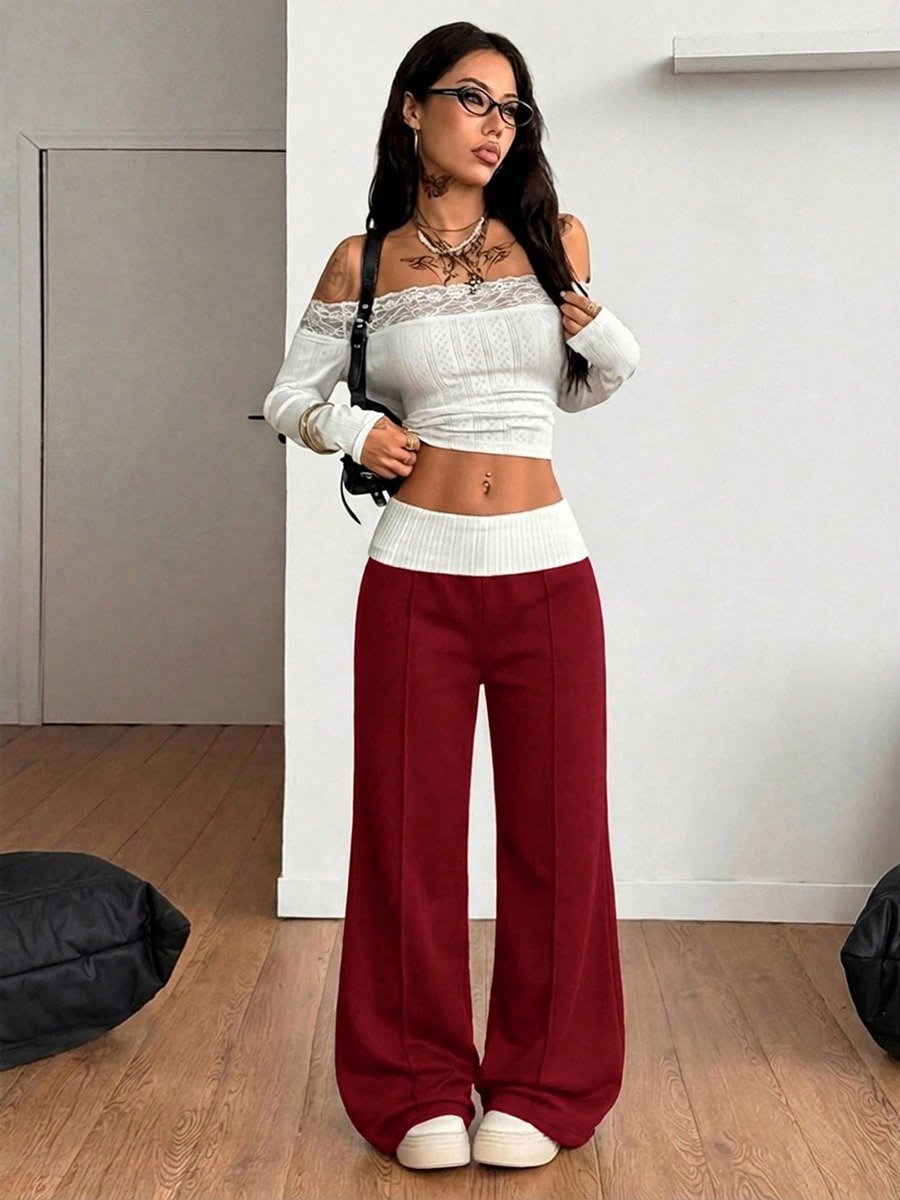 Burgundy Wide-Leg Trousers with Contrast Waistband