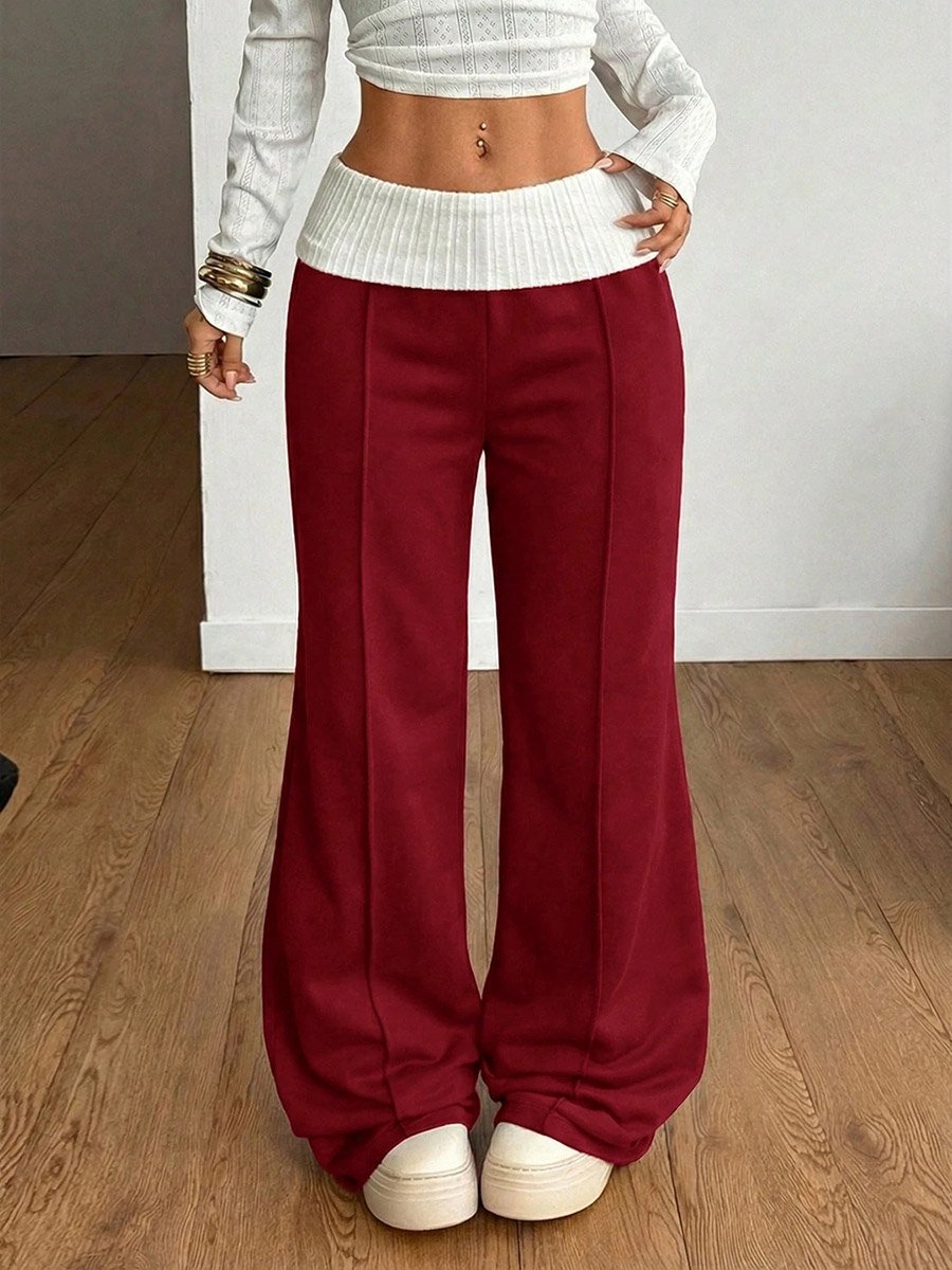 Burgundy Wide-Leg Trousers with Contrast Waistband