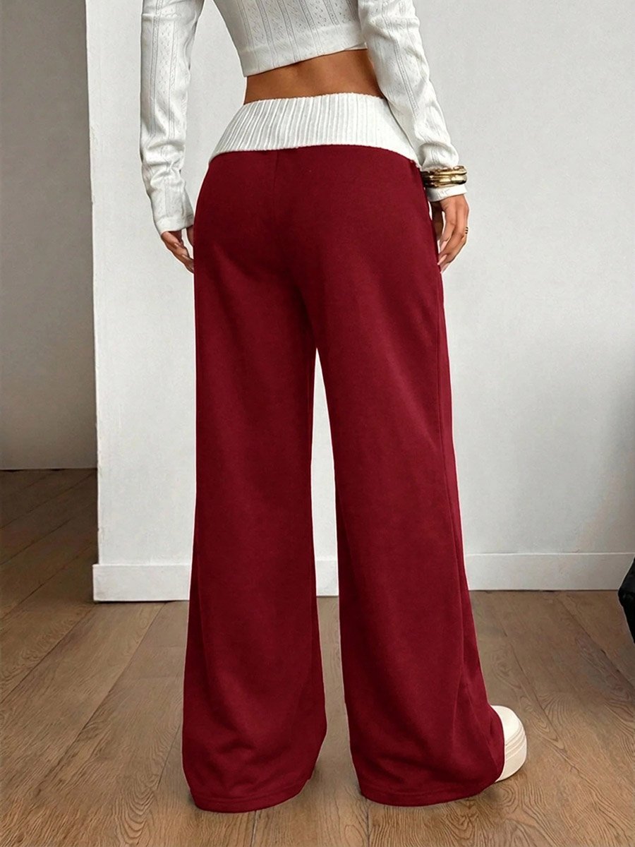 Burgundy Wide-Leg Trousers with Contrast Waistband