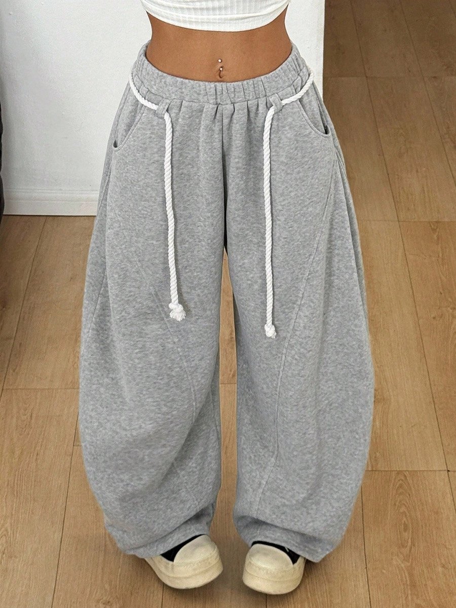 Grey Wide-Leg Drawstring Sweatpants