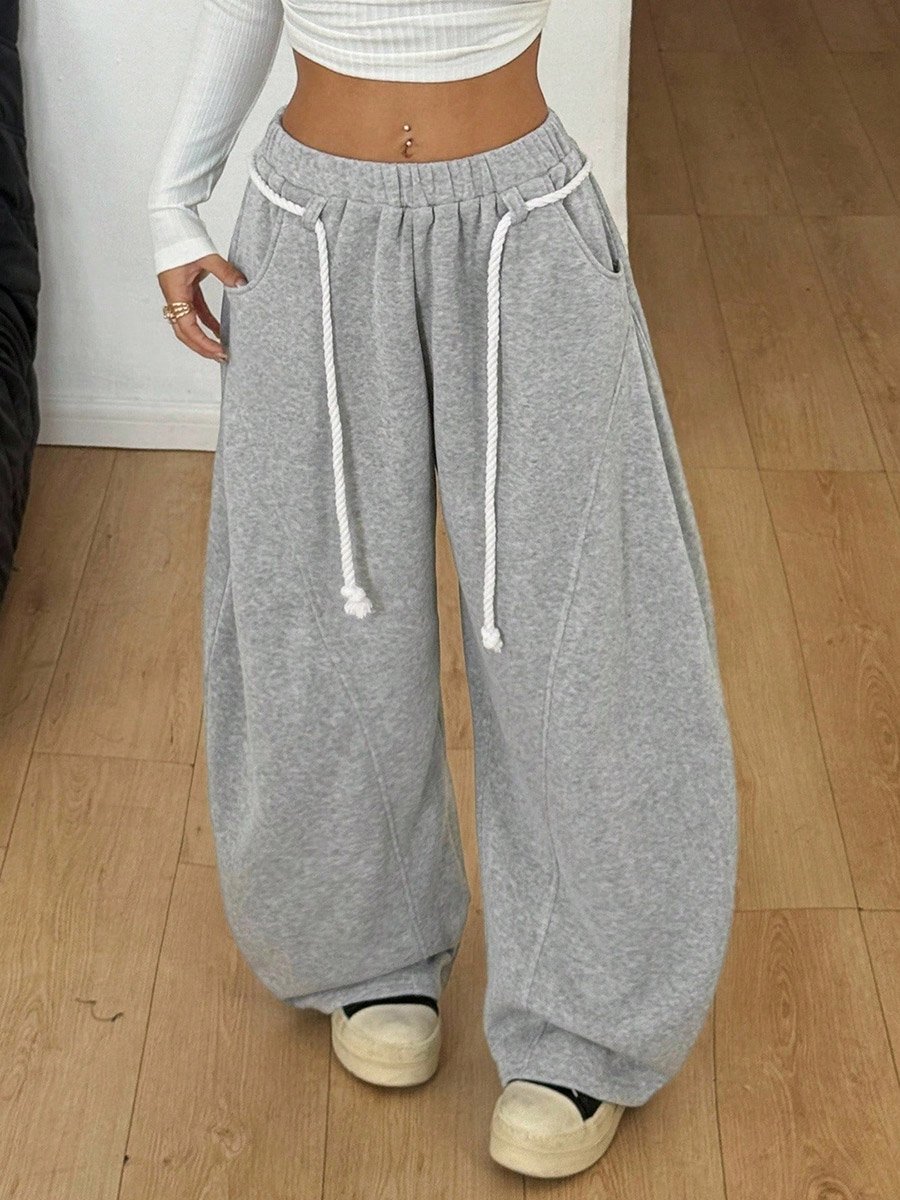 Grey Wide-Leg Drawstring Sweatpants
