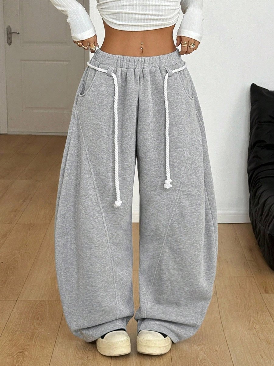 Grey Wide-Leg Drawstring Sweatpants
