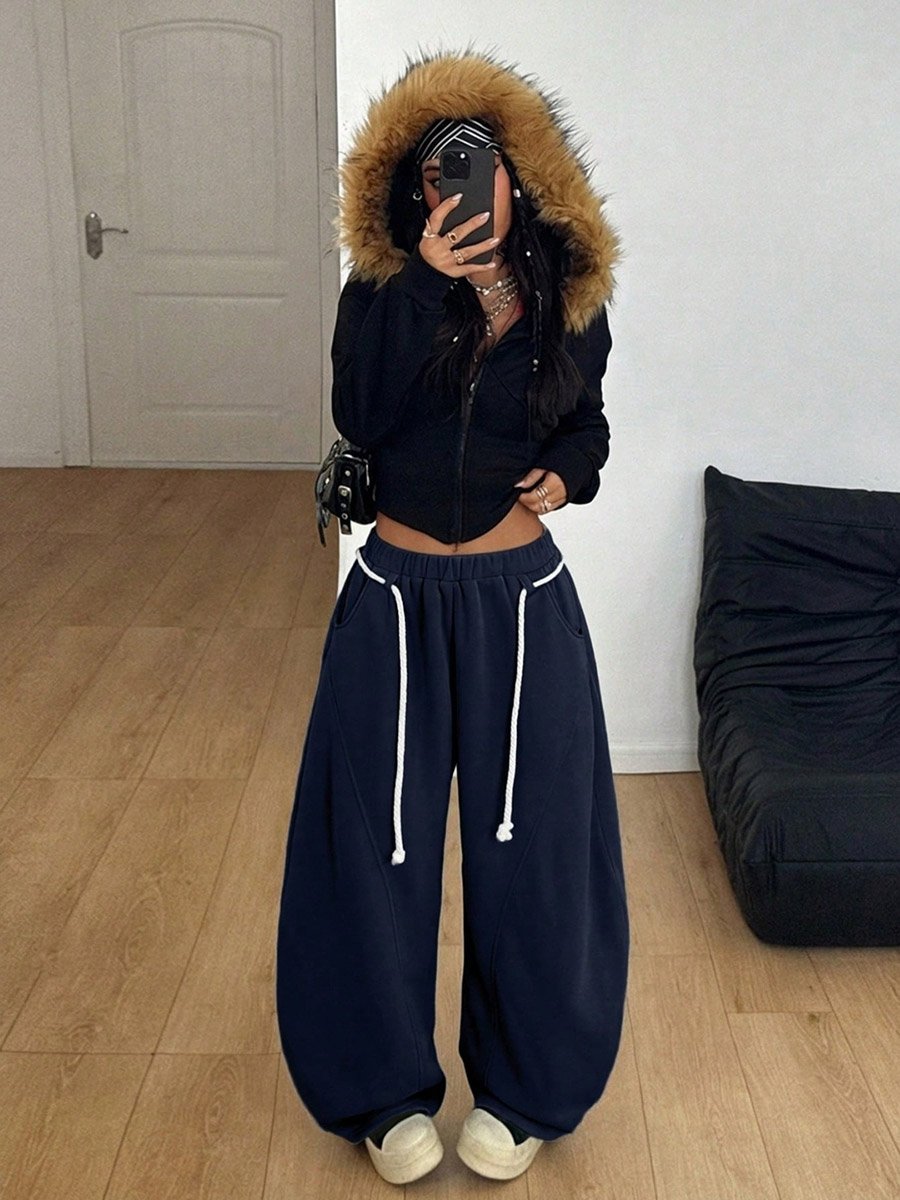 Navy Blue Wide-Leg Drawstring Lounge Pants