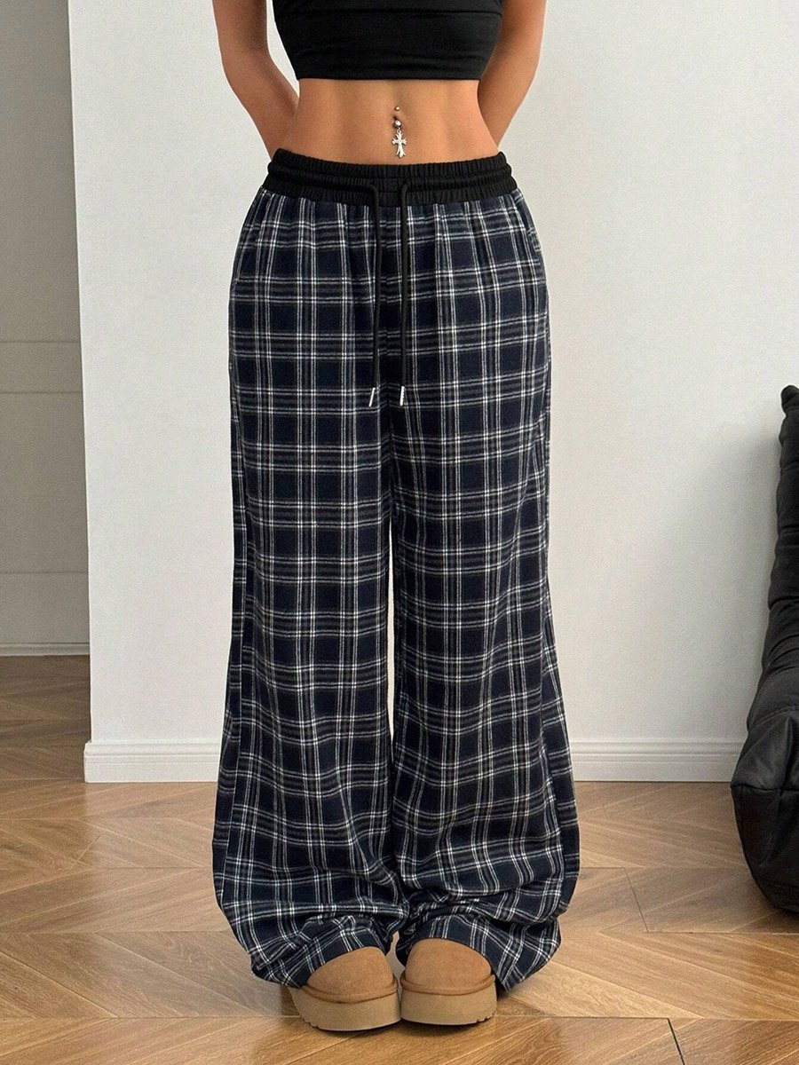 Dark Blue Plaid Wide-Leg Trousers