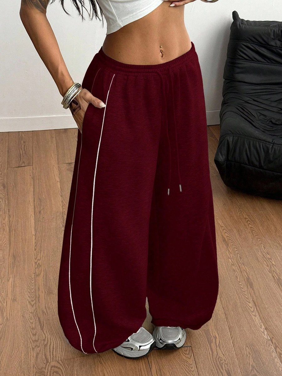 Burgundy Wide-Leg Sweatpants with White Side Stripes