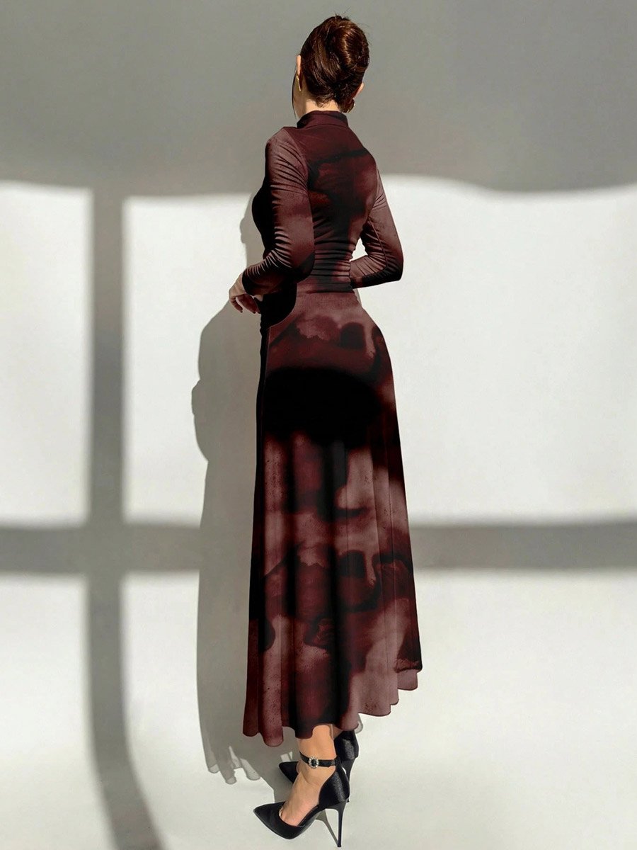 Multi-Color Floral Print Long Sleeve Fit and Flare Maxi Dress