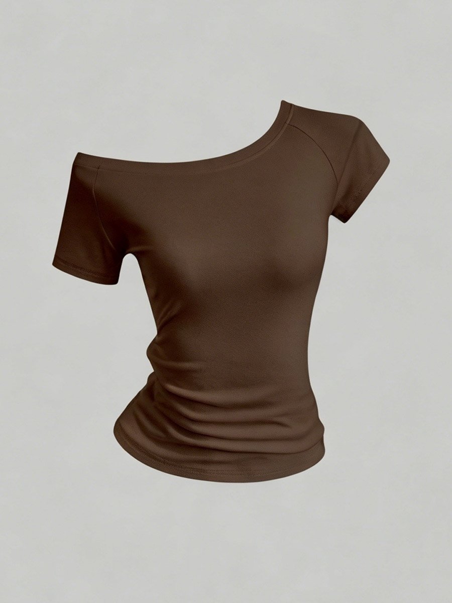 Brown Short Sleeve Asymmetrical Neck Top