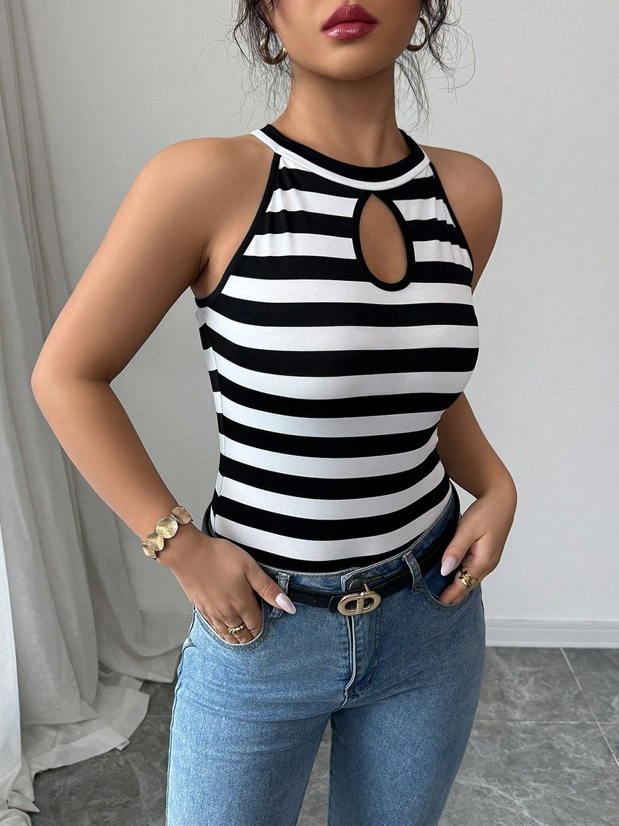 Striped Keyhole Halter Neck Tank Top