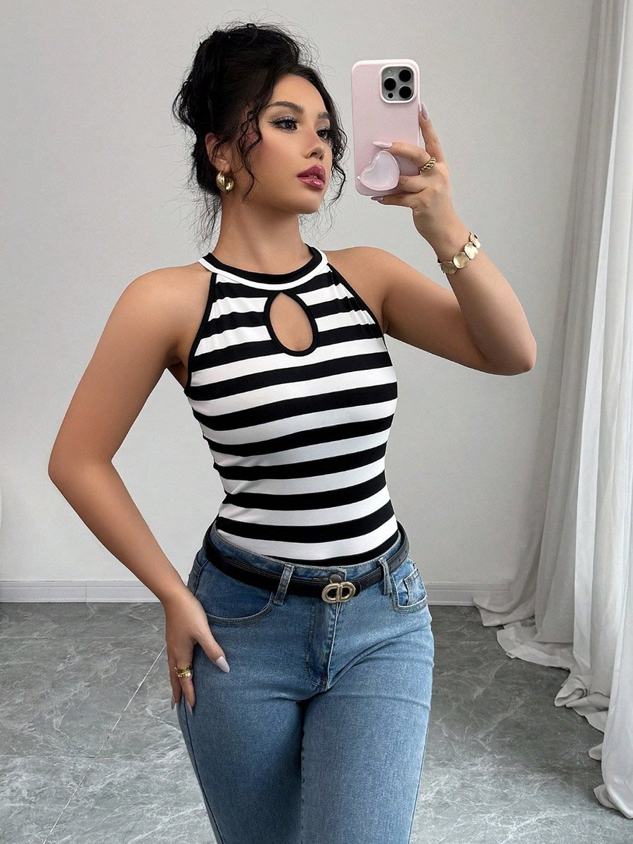 Striped Keyhole Halter Neck Tank Top
