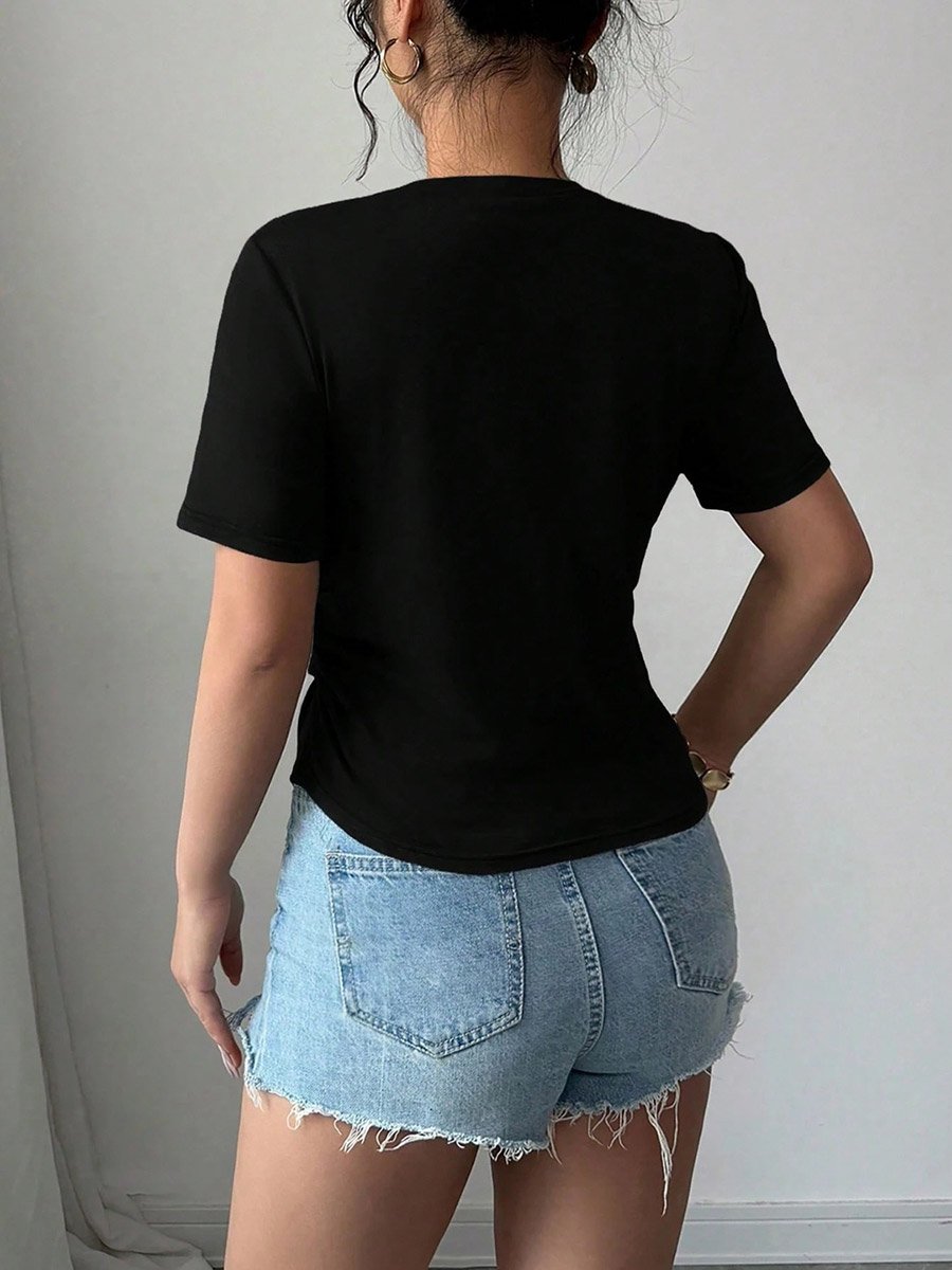 Black Short Sleeve Top with White Bow Accents