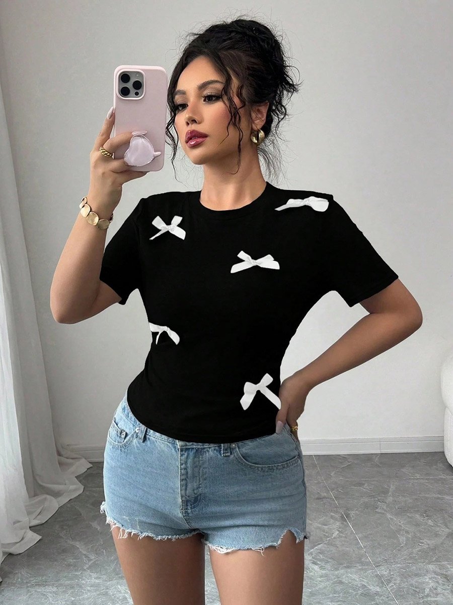 Black Short Sleeve Top with White Bow Accents