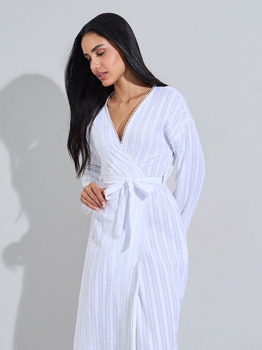 White Striped Tie-Up Waist Midi Robe Pico Edge Trim