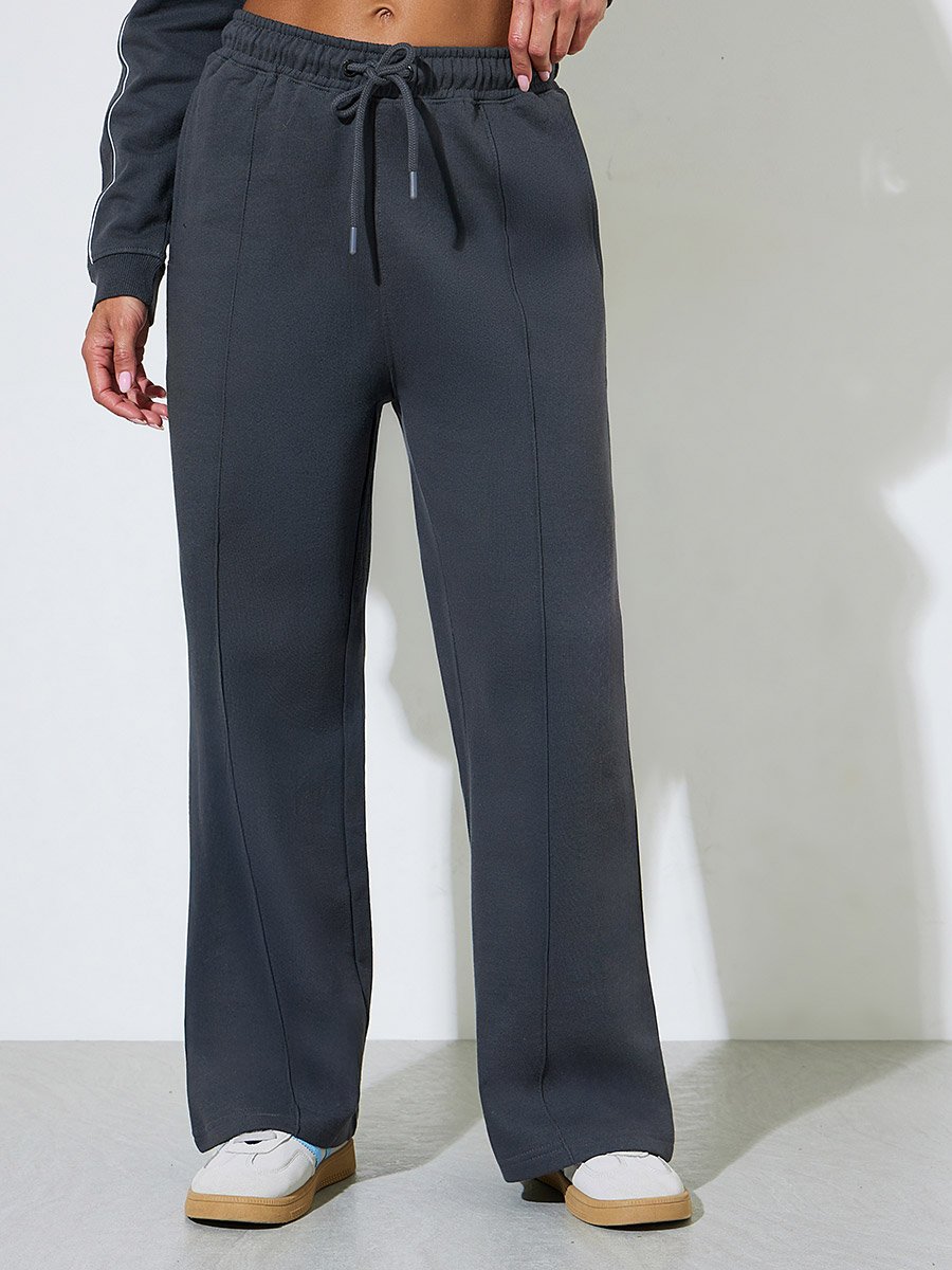 Charcoal Solid Wide leg Mid Rise Joggers