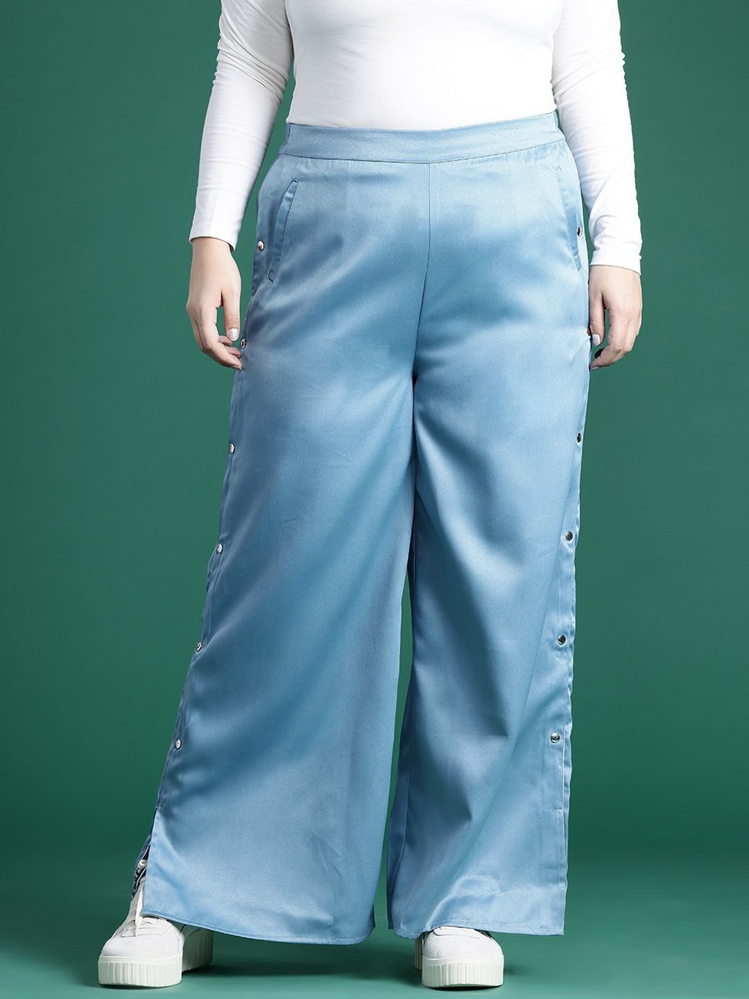 Chic Blue Plus Size Satin Wide-Leg Trousers with Button Detail