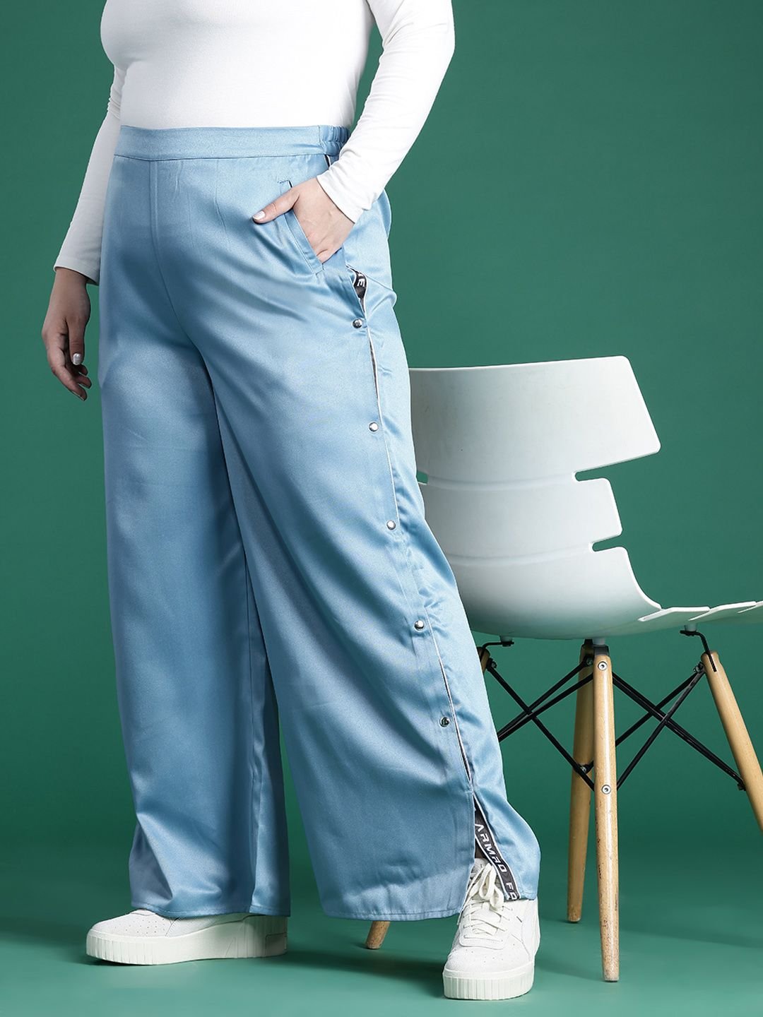 Chic Blue Plus Size Satin Wide-Leg Trousers with Button Detail